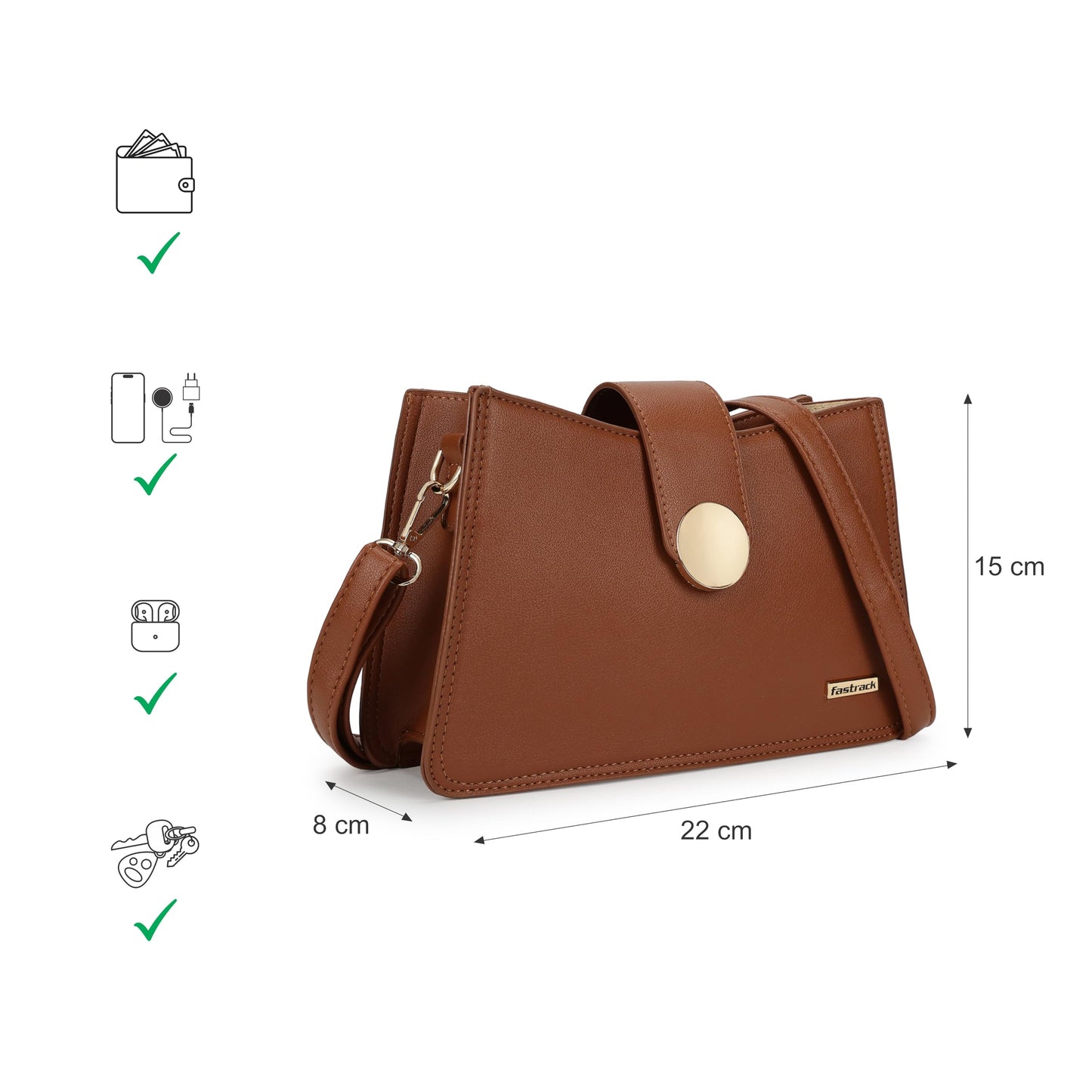 Fastrack Women Structured Sling Bag with Metal Accents | Flap and Zip Closure, Inner Zip and Slip Pockets | Adjustable Sling Belt | Stylish Everyday Bag | Sling Bag for Casual Carry