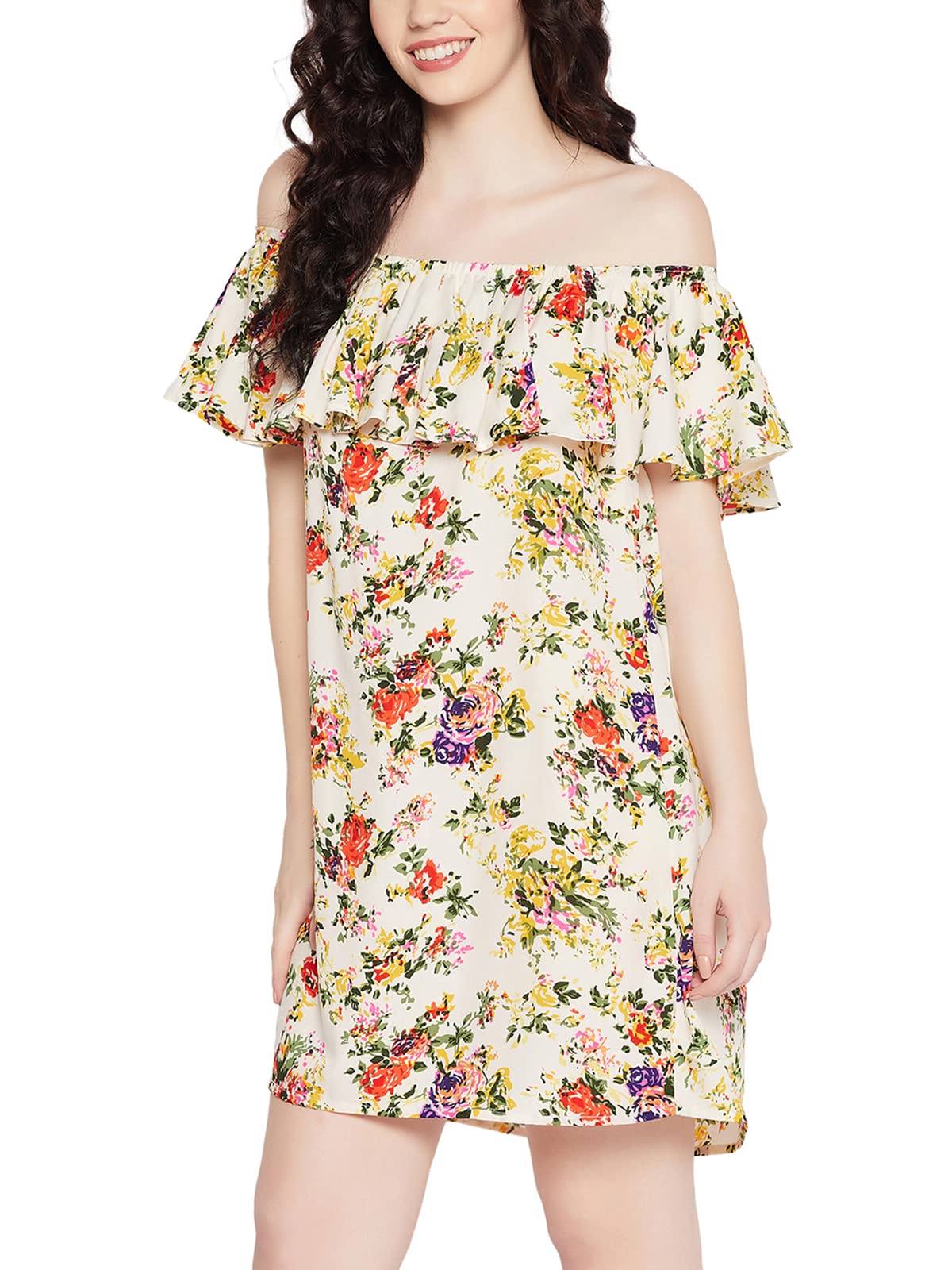 Clovia Women's Crepe Pretty Florals Resortwear Bardot Dress (RW0018P18_White_S)