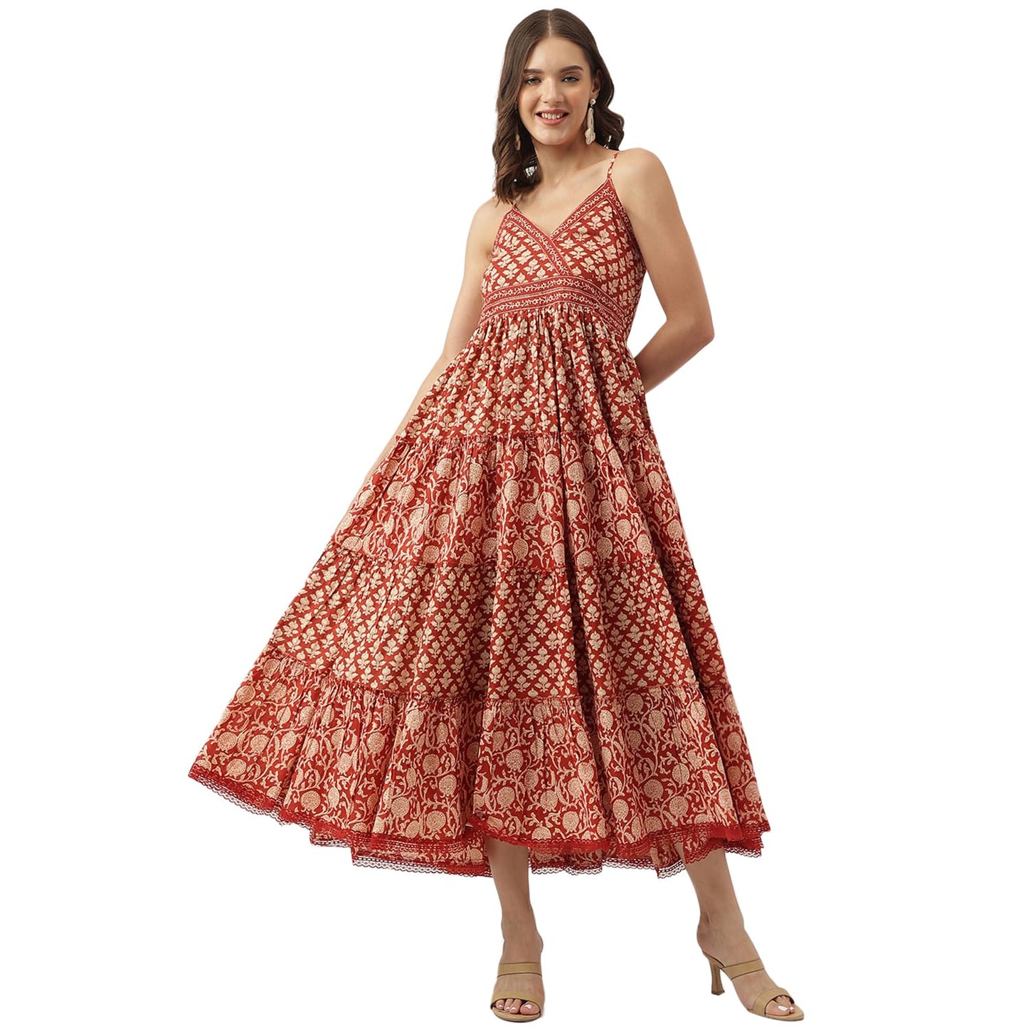 Divena Maroon Floral Printed Cotton Tiered Dress