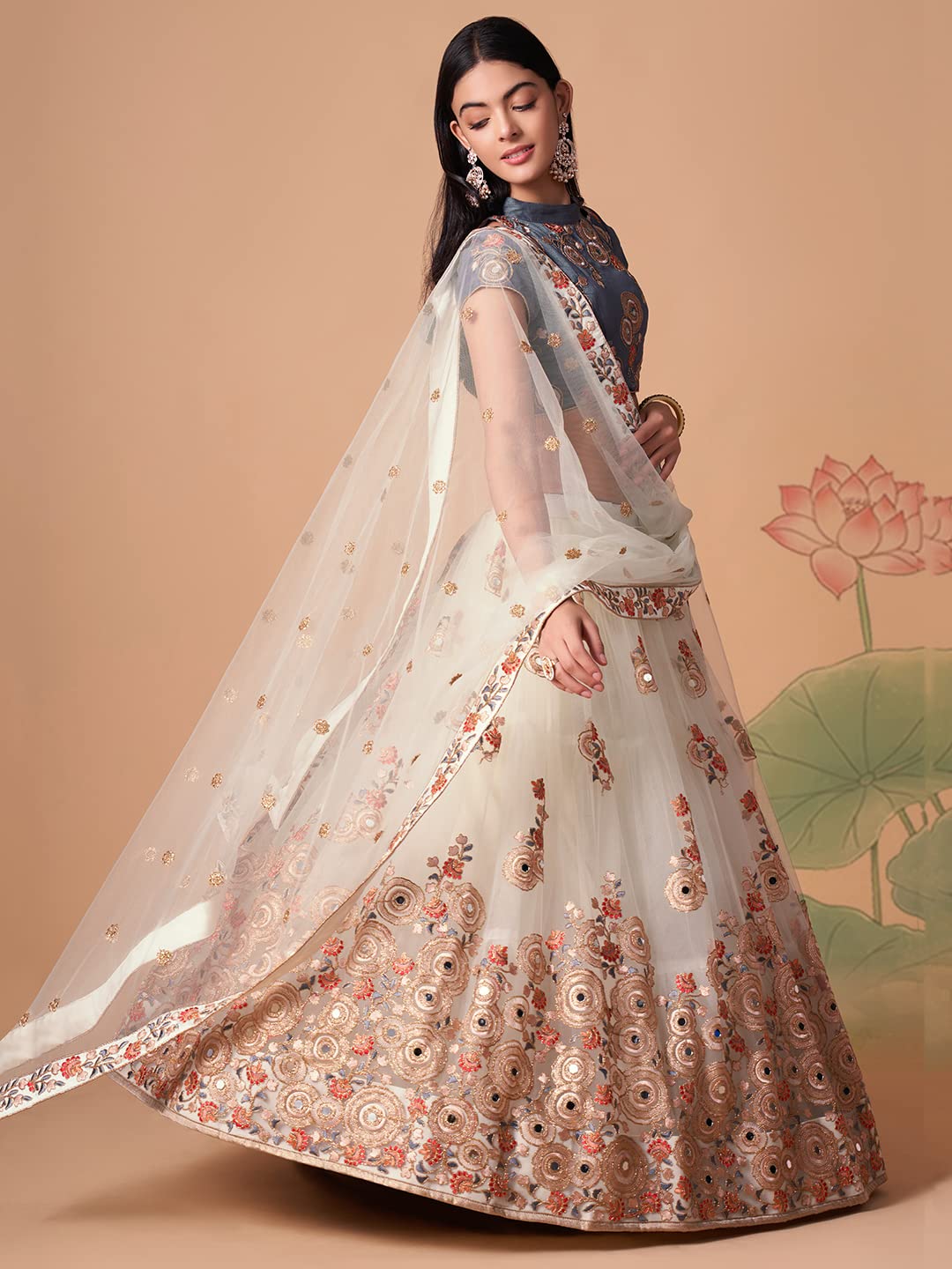 Zeel Clothing Women's Net Embroidered Semi-Stitched Bridal New Lehenga Choli with Dupatta (7322-OffWhite-Wedding-Bridal-Latest; Free Size) (Off-White)