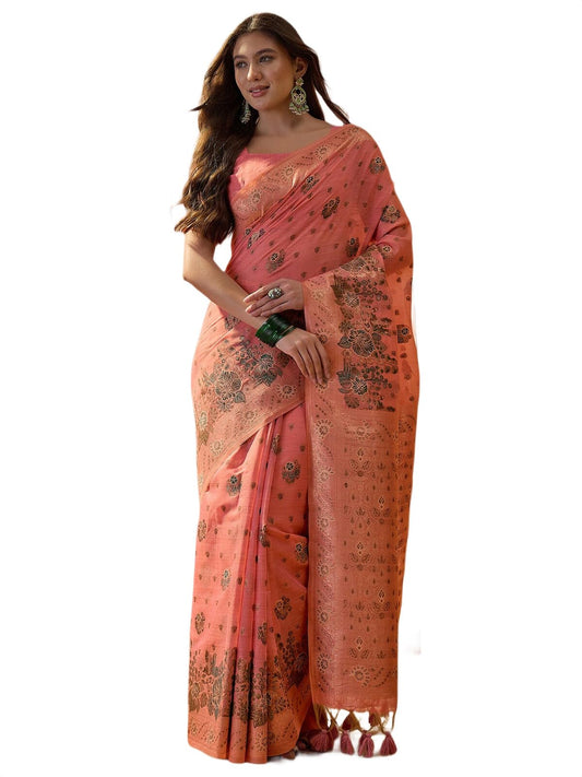 SIRIL Women's Silk Jacquard Saree with Unstitched Blouse Piece (5305S881_Light Coral Pink)