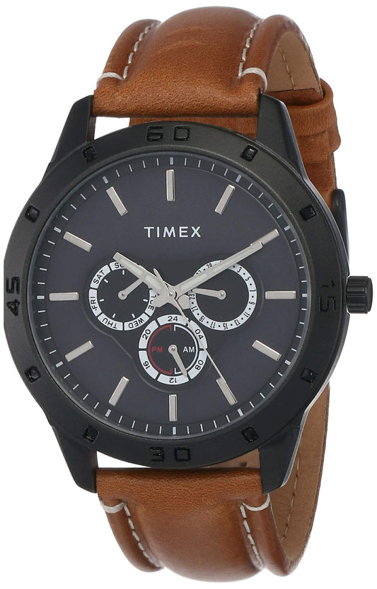 TIMEX Analog Watch for Man with Blue Round Dial & Tan Leather Strap Band Water Resistant Men's Wrist Watches - TW000U913