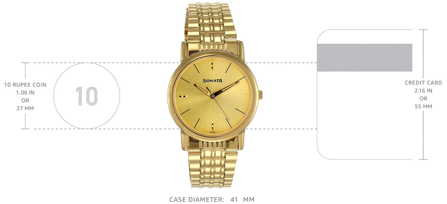 Sonata Quartz Gold Dial Gold Stainless Steel Strap Watch For Men - NP7987YM06W