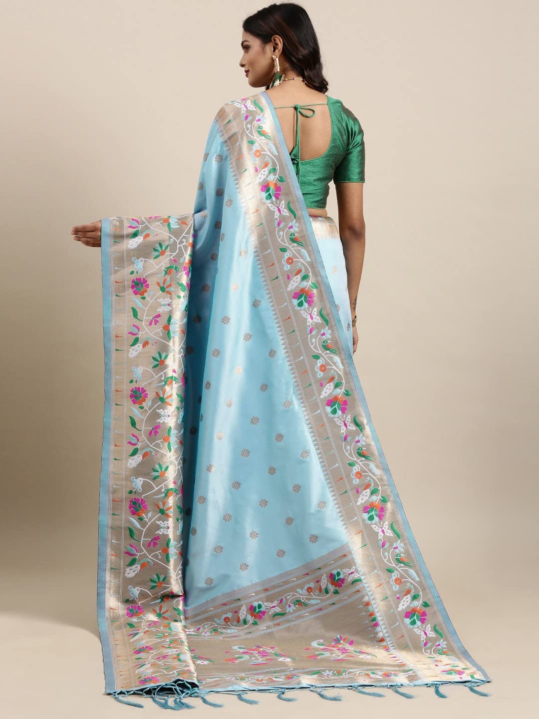 Pandadi Saree Women's Paithani Silk Saree With Blouse Piece (371PS13_Aqua Blue)