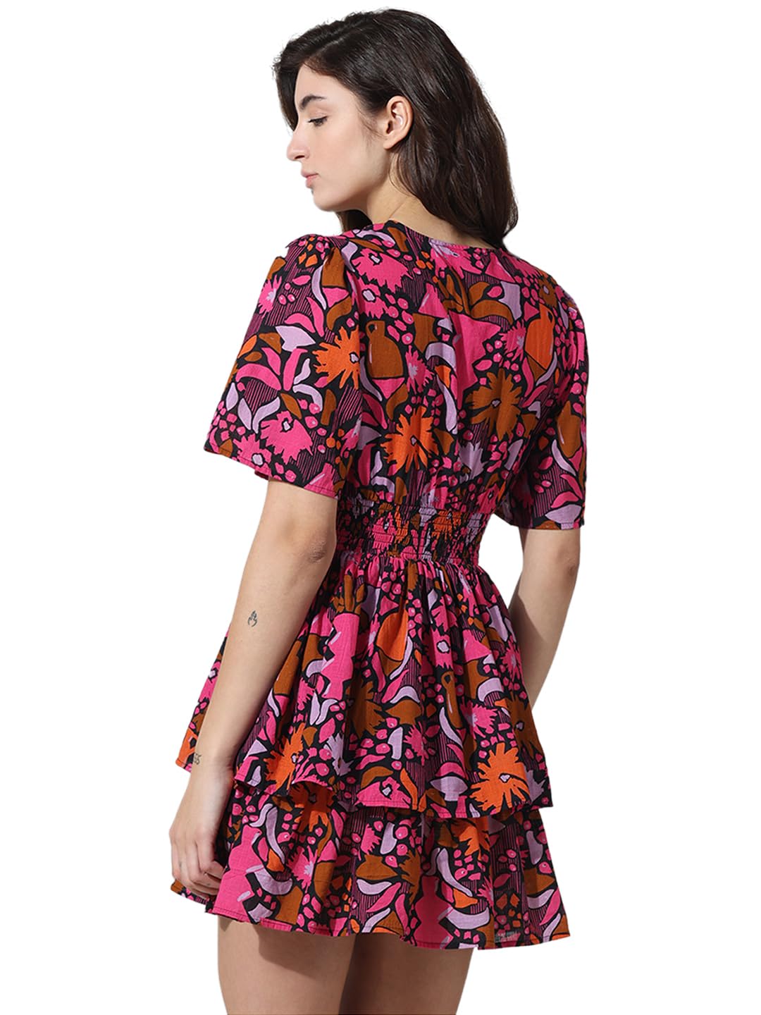 ONLY Women Printed Cotton Above Knee Pink Tiered Dress