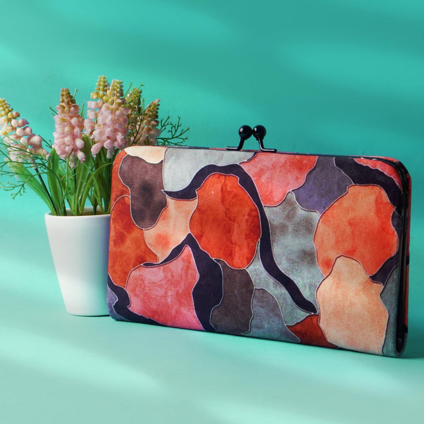 DOSYSO Women Valvet Wallet Stylish Latest Multicolor Printed Mobile Phone Holder Card Slots Magnetic Kiss Lock Zip Pocket Hand Clutch For Daily Use Gift Party Small Purse (Brown)