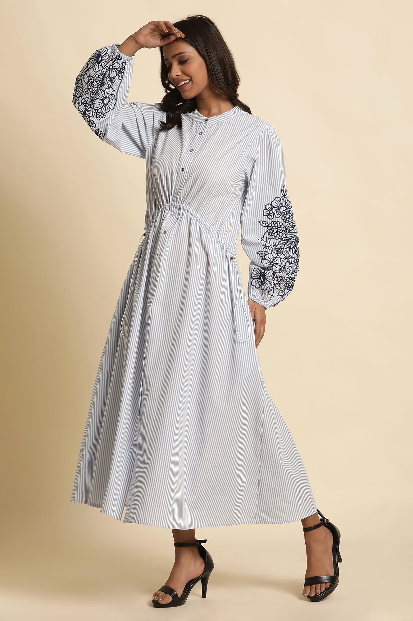 W Women White Striped Print Cotton A-Line Dress_24FEW10715-830329_M