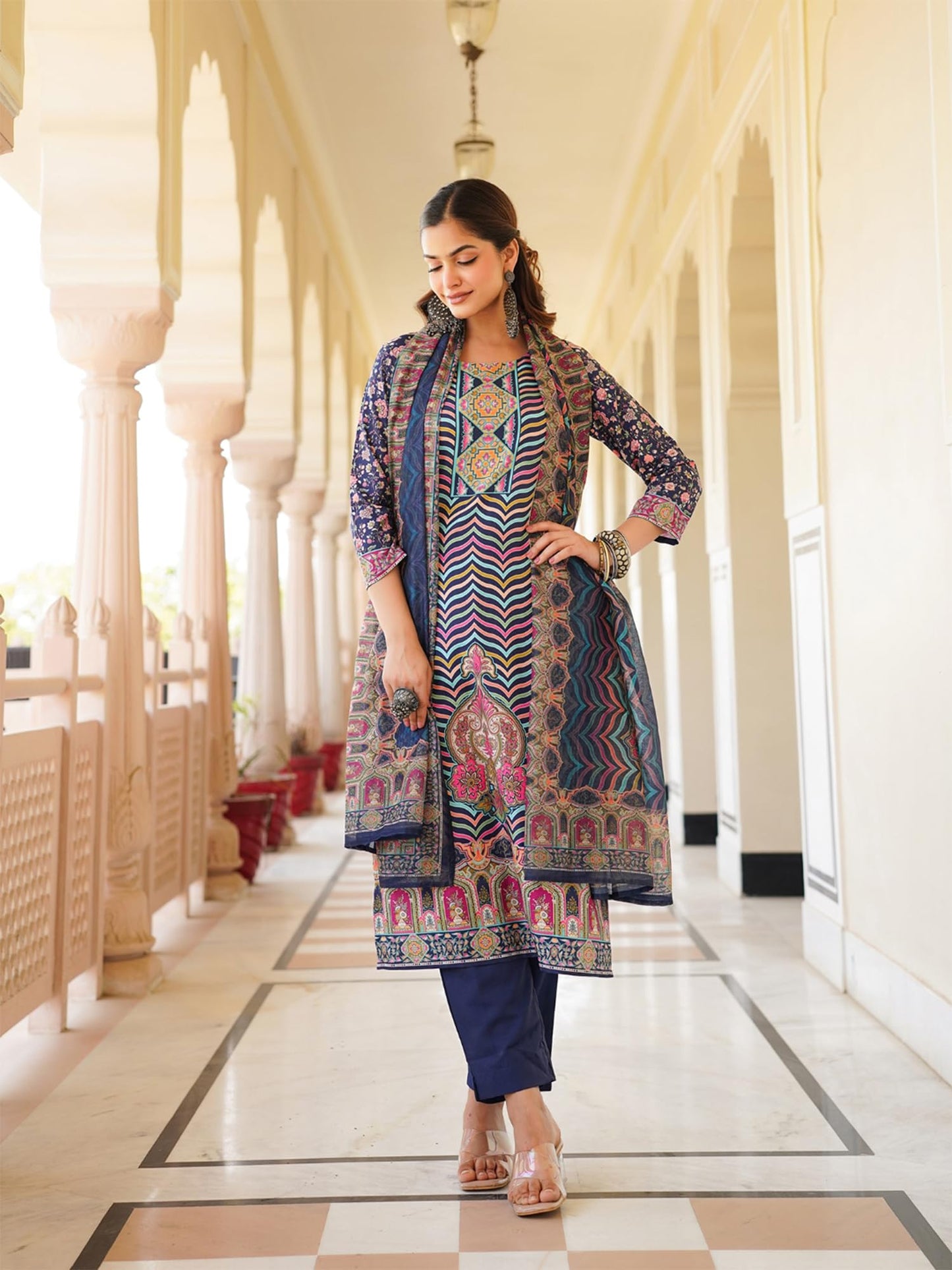Vaamsi Women's Blue Rayon Printed Straight Kurta Pants With Dupatta Set | Festive Straight Kurta Set For Women | Printed Salwar Suit For Women (SKSKD3049, XL)