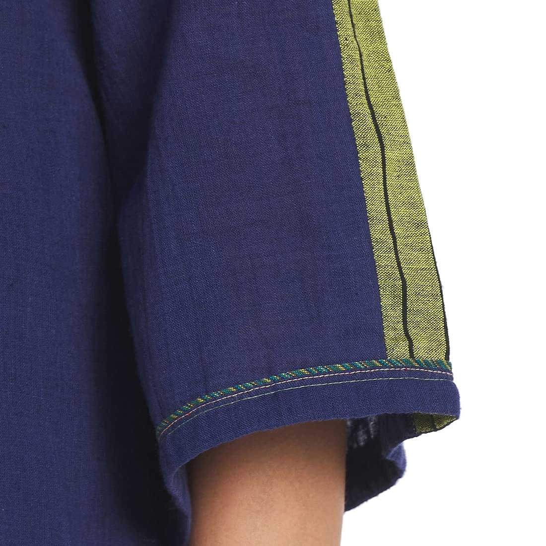 Fabindia Women Round Neck Placket Medium Kurta Cotton_L Navy Blue