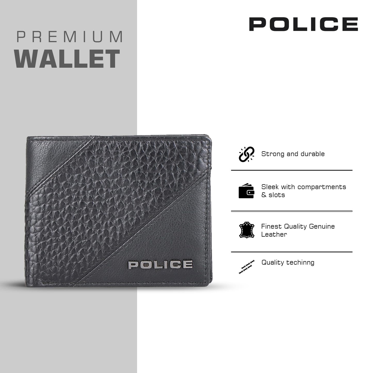 Police Jumbo Men's Slim Wallet | Leather Purse with 8 Card Slot, 2 Currency Compartment, 2 Slip-in Pockets -Black | Premium Design with Lagendary Style