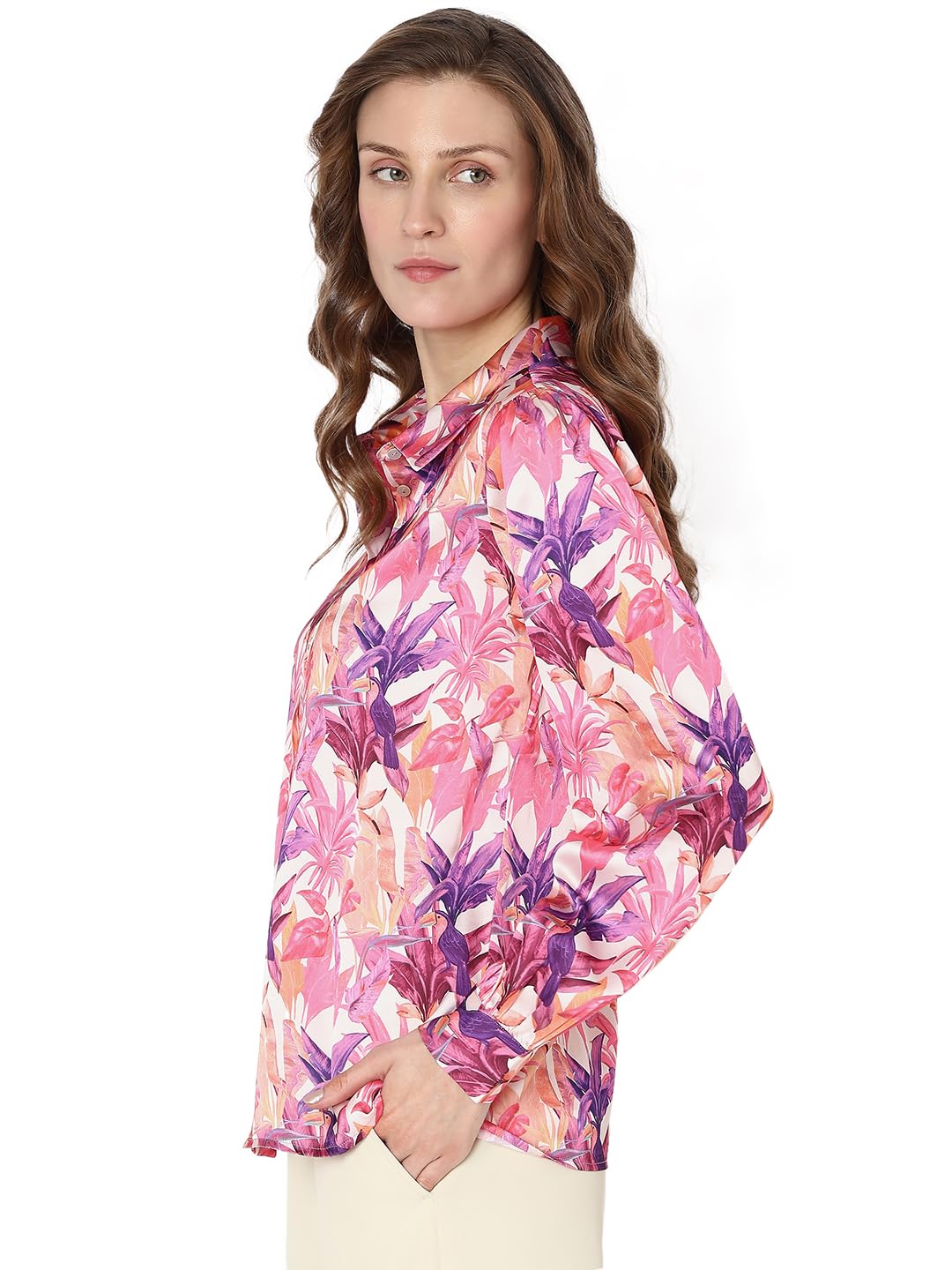 VERO MODA Women Tropical Polyester Regular Fit Pink Shirt