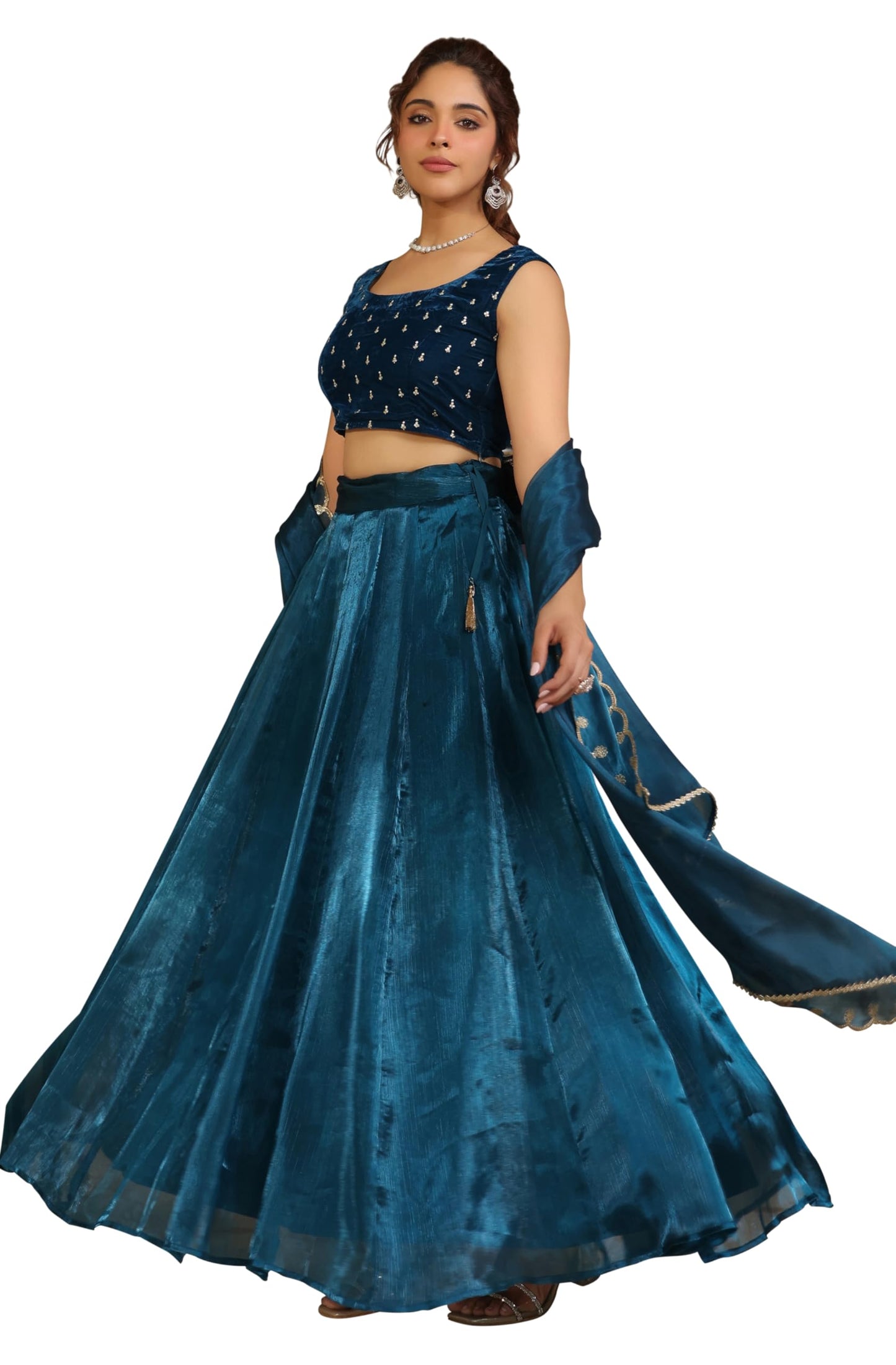 Janasya Women's Teal Blue Organza Zari Embroidered Pleated Ready To Wear Readymade Lehenga Choli Set (JAB24LC00469-XL)
