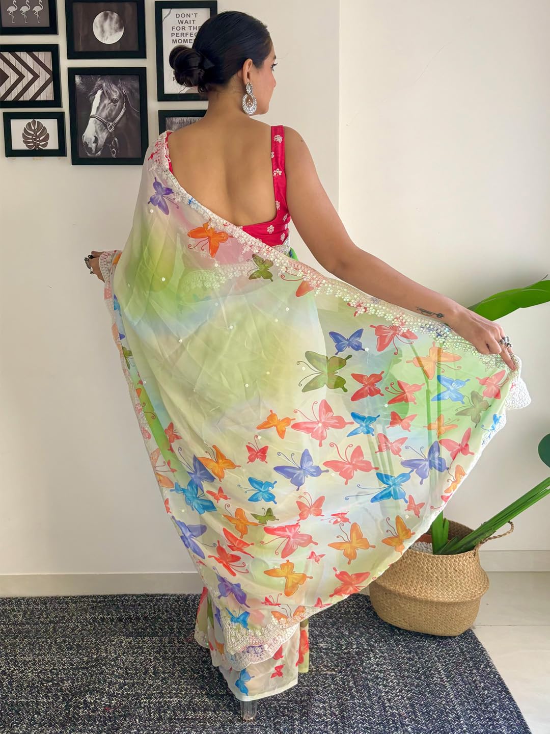 AKHILAM Women's Light Green Georgette Sequins Embellished Saree with Unstitched Blouse Piece (KESARI5506_KR)