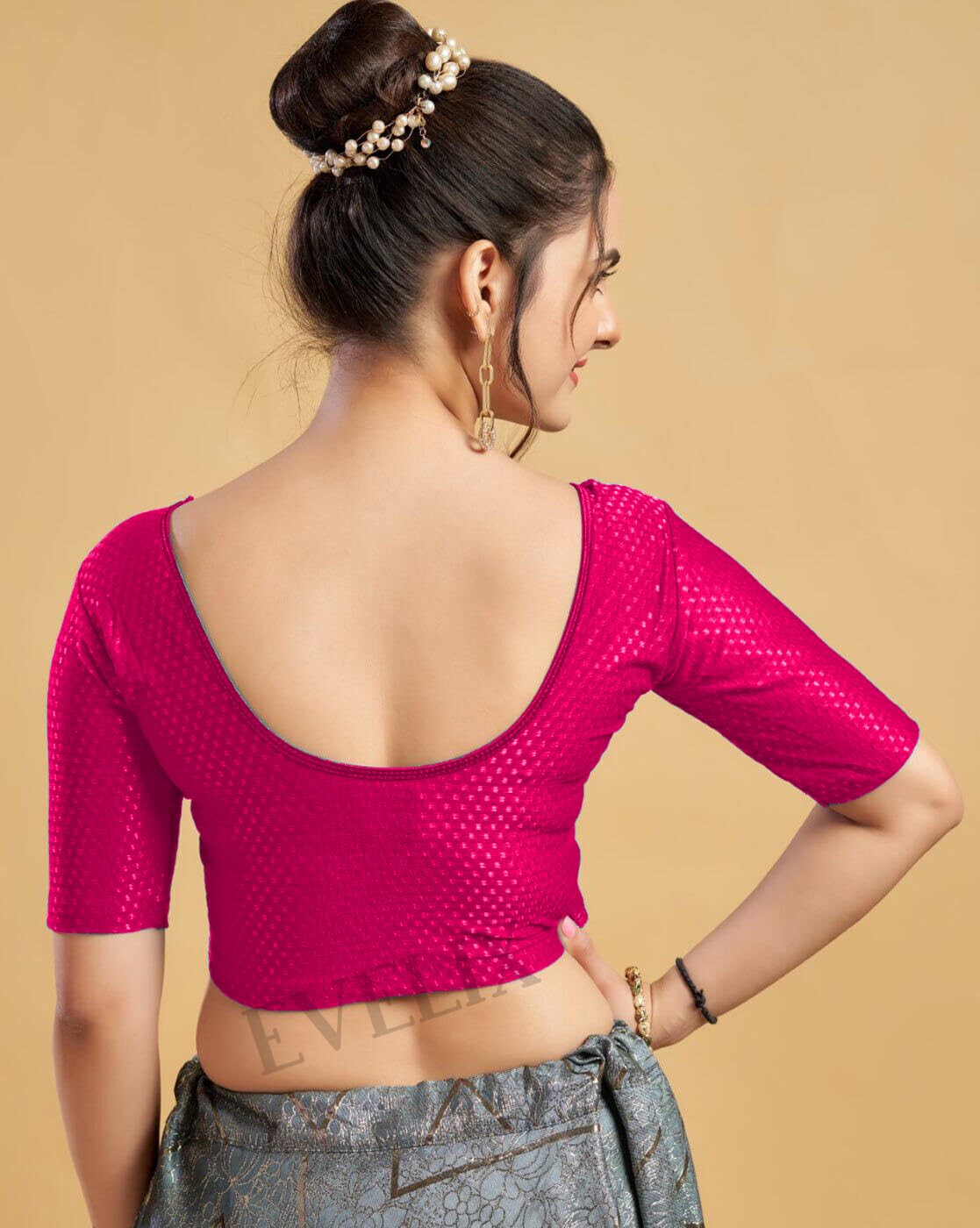 EVELIX Ethnic Designer 3/4 Sleeve Blouse for Women Cotton Lycra, Stretchable, Readymade - Stylish Round Neck Blouse for Saree, Choli, and Lehenga - Pull On Design (Magenta Pink, 40 to 44 (Big Sizes))
