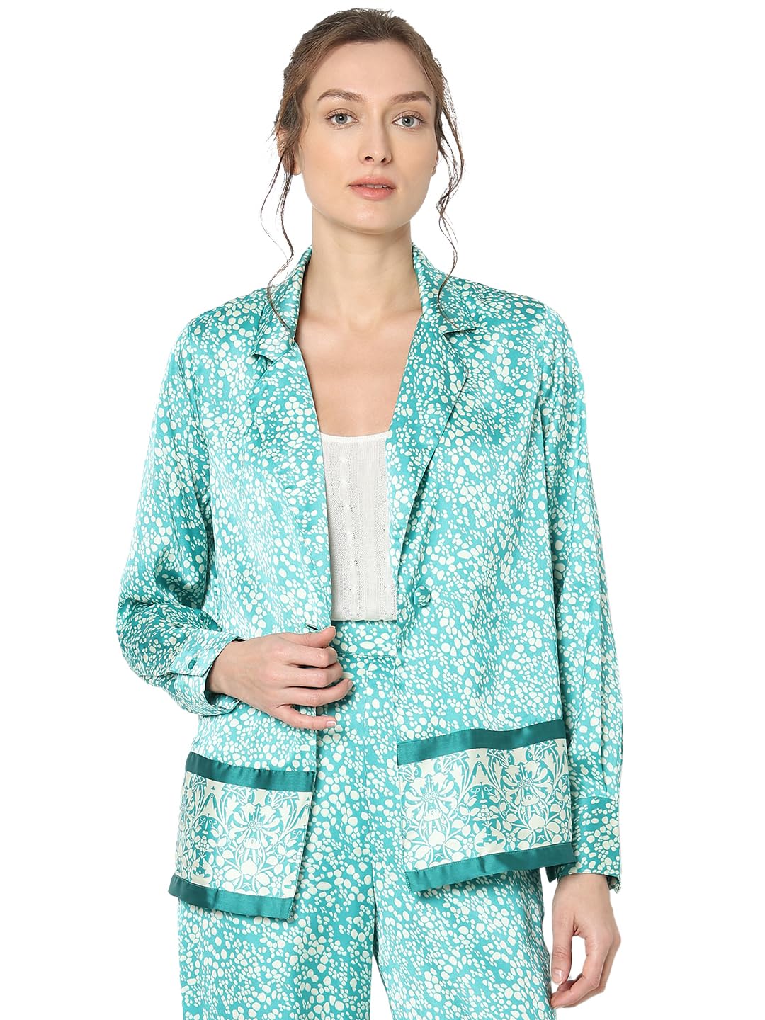 VERO MODA Women Abstract Print Blue Relaxed Fit Single Breasted Blazer