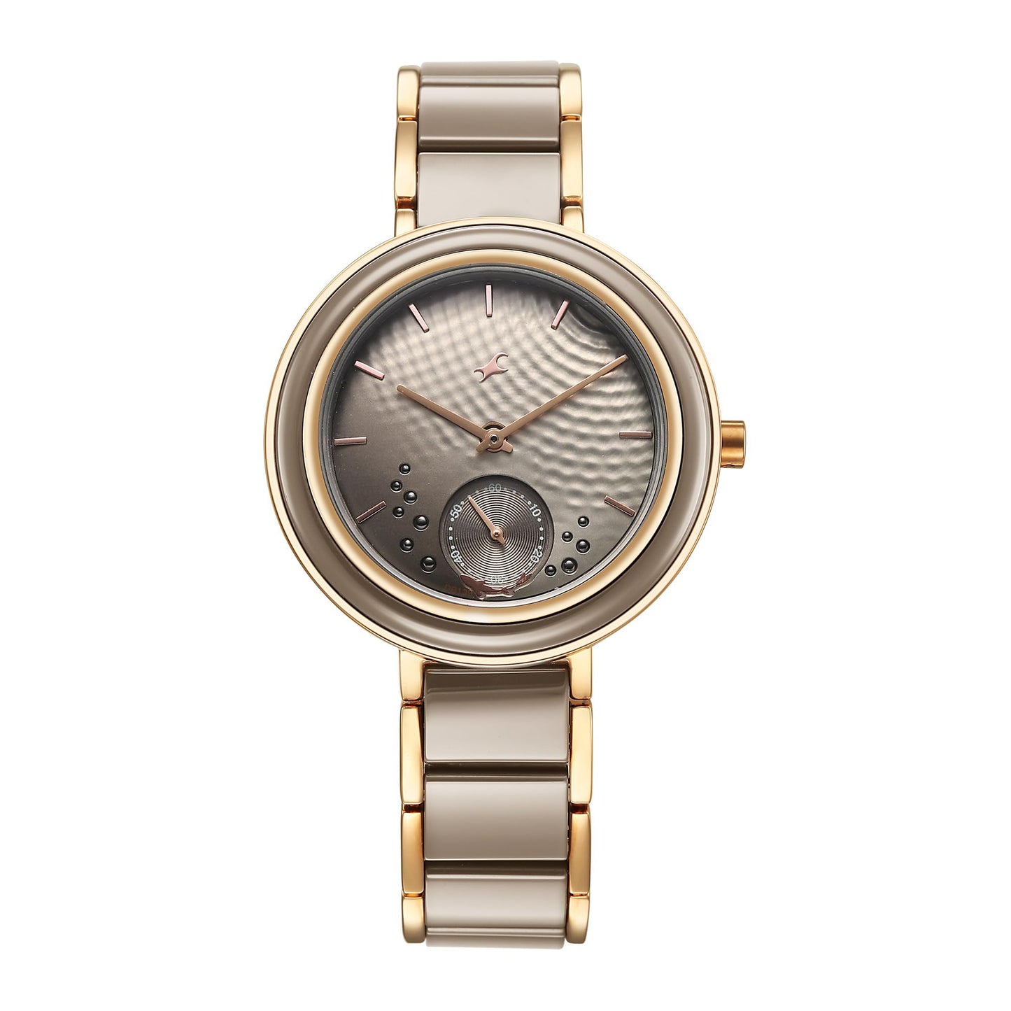 Fastrack Analog Women Grey Rose Gold Oceanyx-Ceramic Quartz Round Dial Watch,Solid Links Material,Band-6315KD02