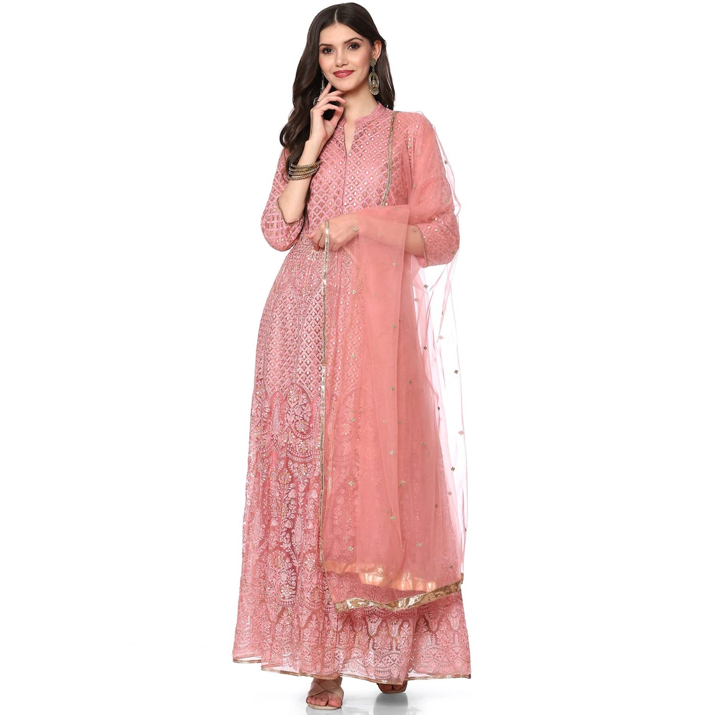 BIBA WOMEN EMBROIDERY FLARED SALWAR KURTA DUPATTA(SKD6463_DSKY PINK_38)