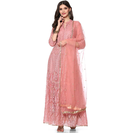 BIBA WOMEN EMBROIDERY FLARED SALWAR KURTA DUPATTA(SKD6463_DSKY PINK_38)