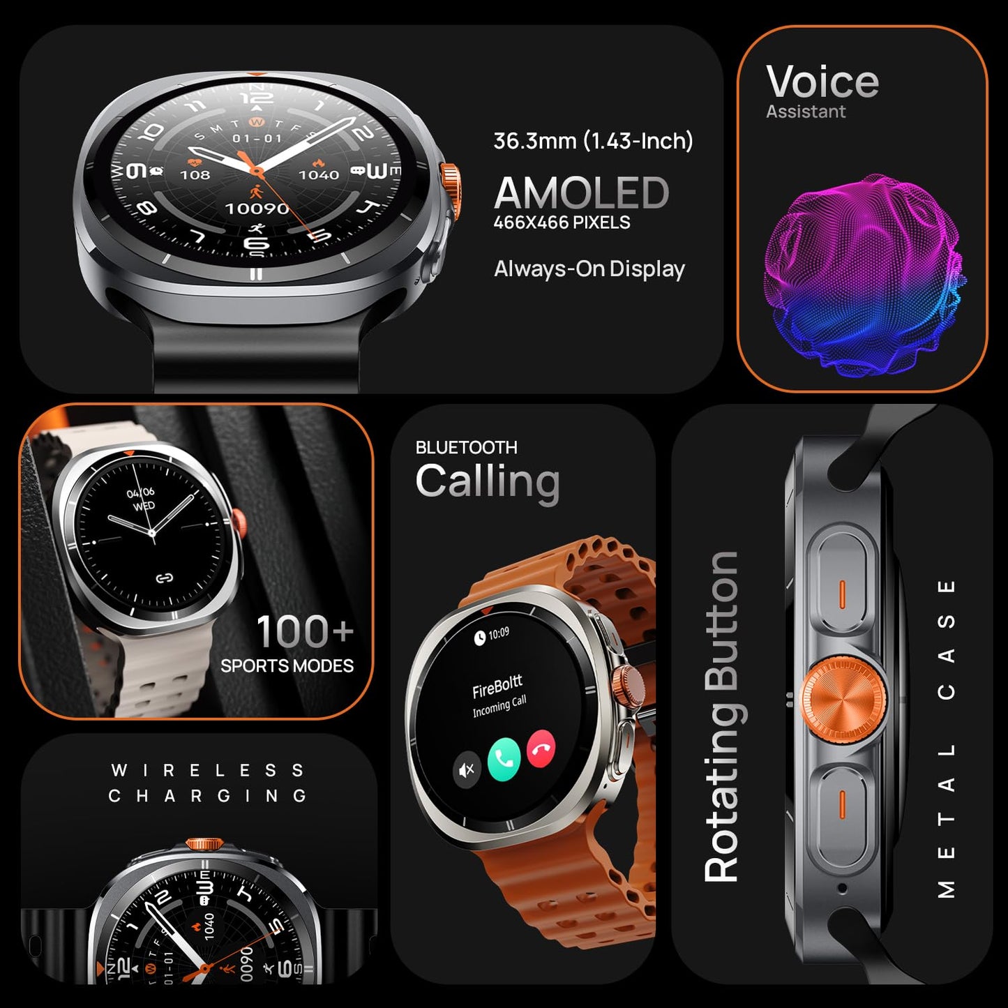Fire-Boltt Axiom Smart Watch 1.43" Super AMOLED Display,Health & Fitness Tracking,Always-On Screen, Wireless Charging, Rotating Crown, Bluetooth Calling, Metal Case Smart Watch for Man & Woman-Orange