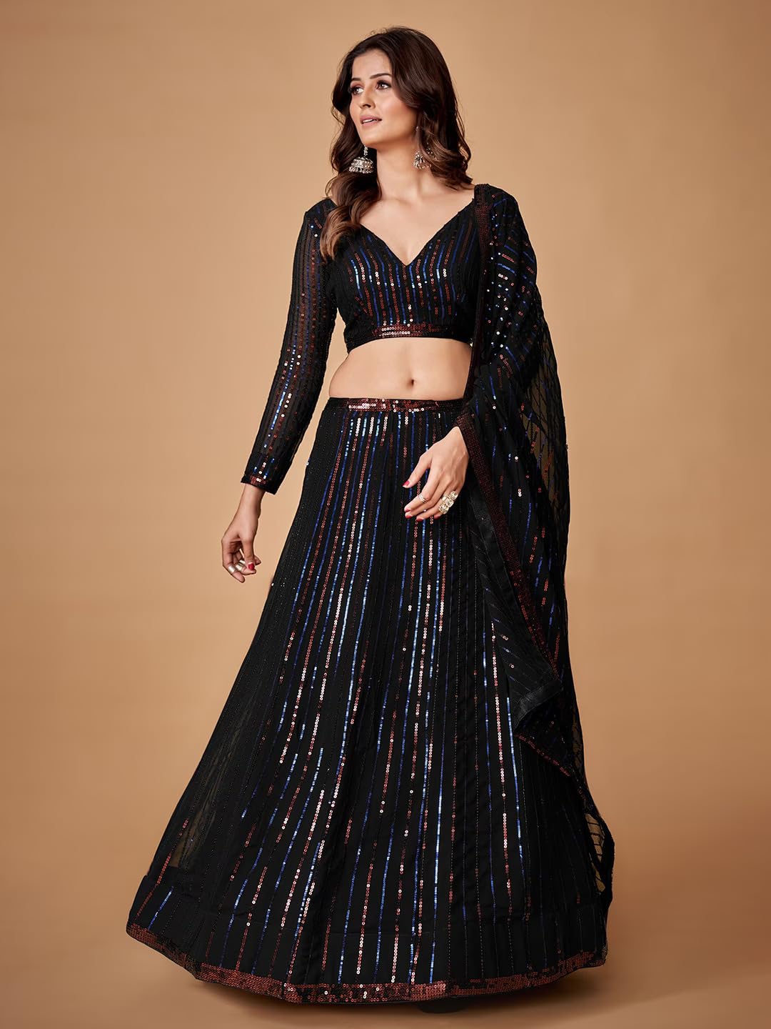 Zeel Clothing Sequins Embroidered Georgette New Semi-Stitched Lehenga Choli For Women (5107-Black-Stylish-Wedding--New; Free Size)