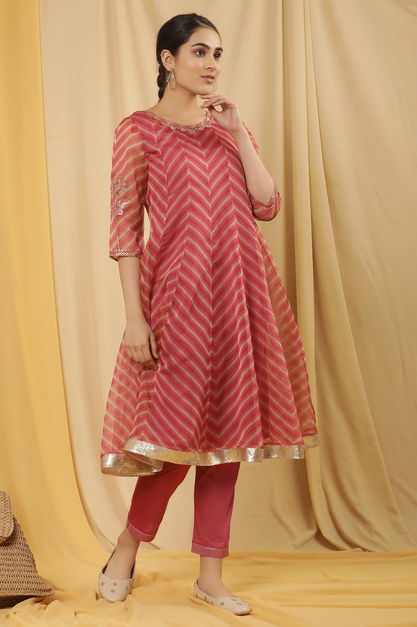 W for Woman Pink Festive Striped Print Organza Flared Kurta Set with Straight Pant_24FEWS19928-121974_XL