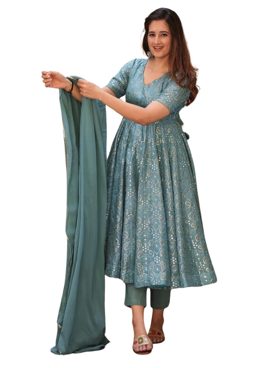 ESTELA Women's Georgette Blue Anarkali Suit with Embroidery, V-Neck (IN, Alpha, XL, Regular, Sky Blue)