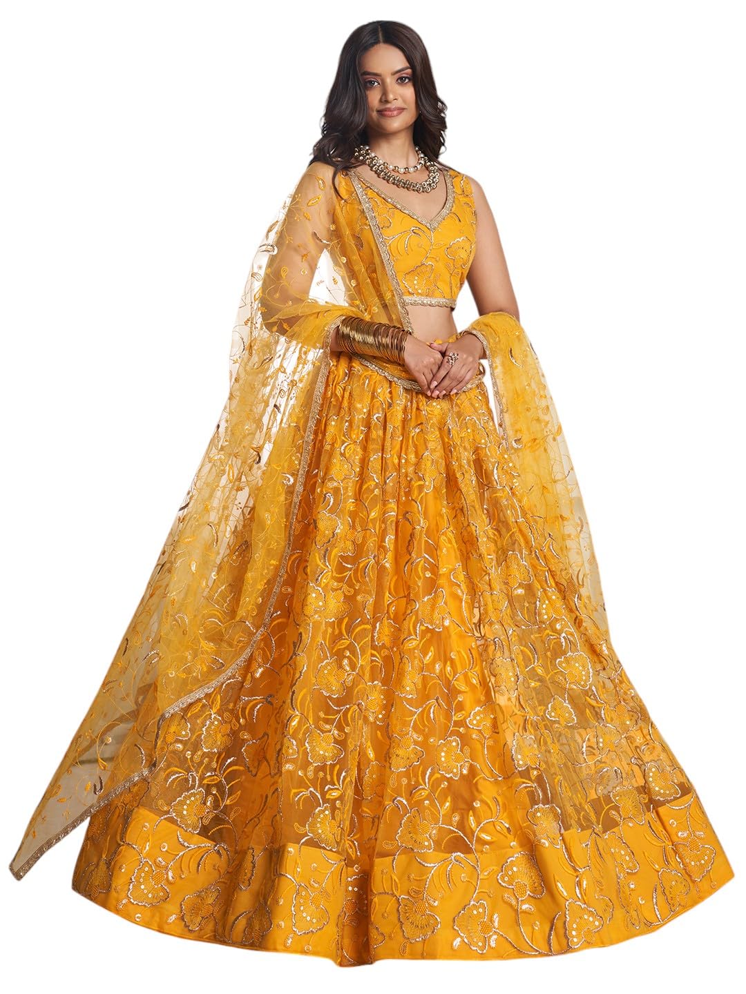 Zeel Clothing Women's Cotton Thread Sequins Work Embroidery Soft Net Readymade Lehenga Choli Set With Dupatta (Nfh-2204-Yellow-Women-Lehenga-Choli-Latest; Free Size)