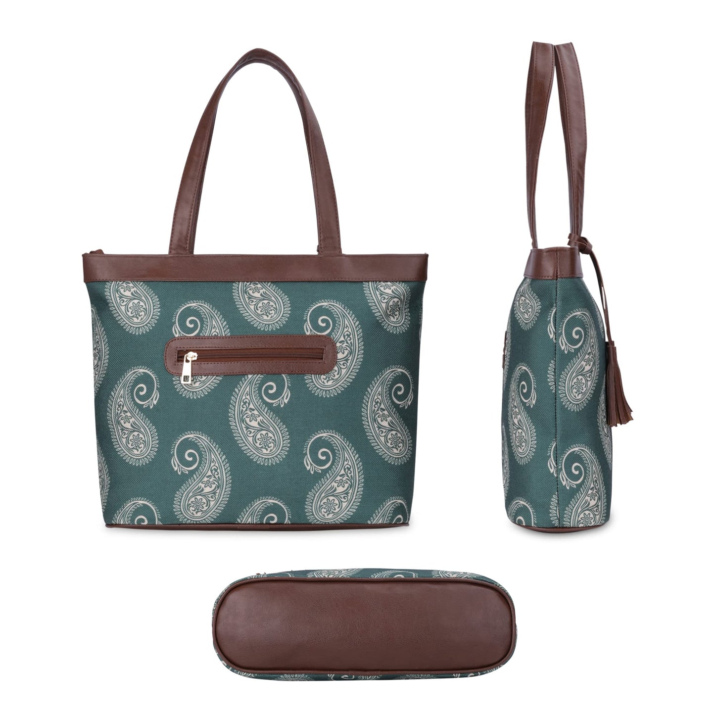 THE CLOWNFISH Casey series 15.6 inch Laptop Bag For Women Printed Handicraft Fabric & Faux Leather Office Bag Briefcase Hand Messenger bag Tote Business Bag (Fern Green)