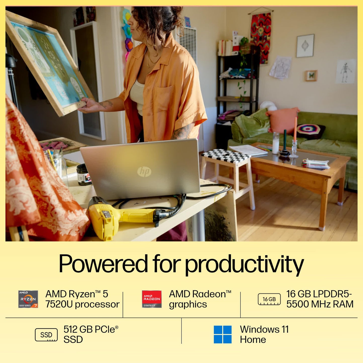 HP 15, AMD Ryzen 5 7520U, 16GB DDR5, 512GB SSD, (Win 11, Office 21, Silver, 1.59kg), Anti-Glare, Micro-Edge, 15.6-inch(39.6cm), FHD Laptop, AMD Radeon Graphics, 1080p FHD Camera, Backlit KB, fc0156AU