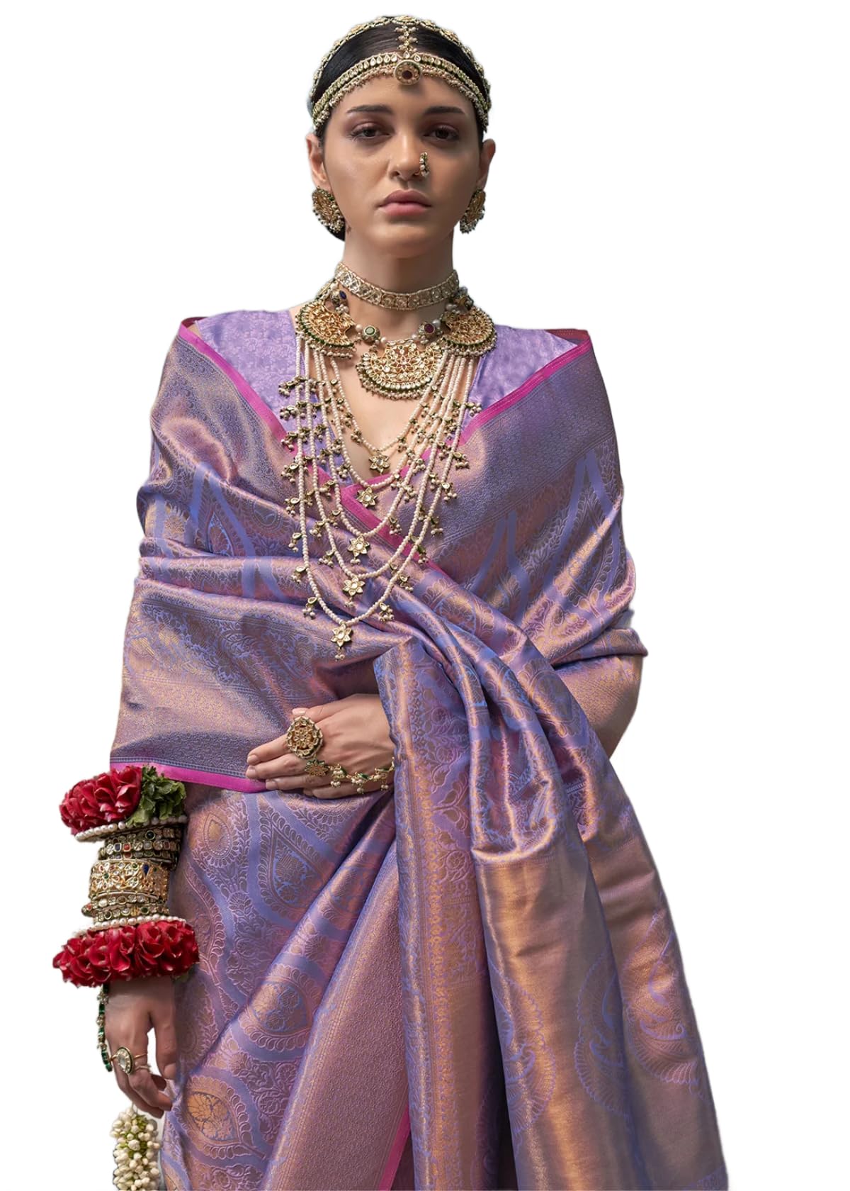 SWORNOF Women's kanjivaram banarasi silk saree for Patola festival Wedding silk with rich pallu Design sarees for women with blouse piece (LAVANDER)