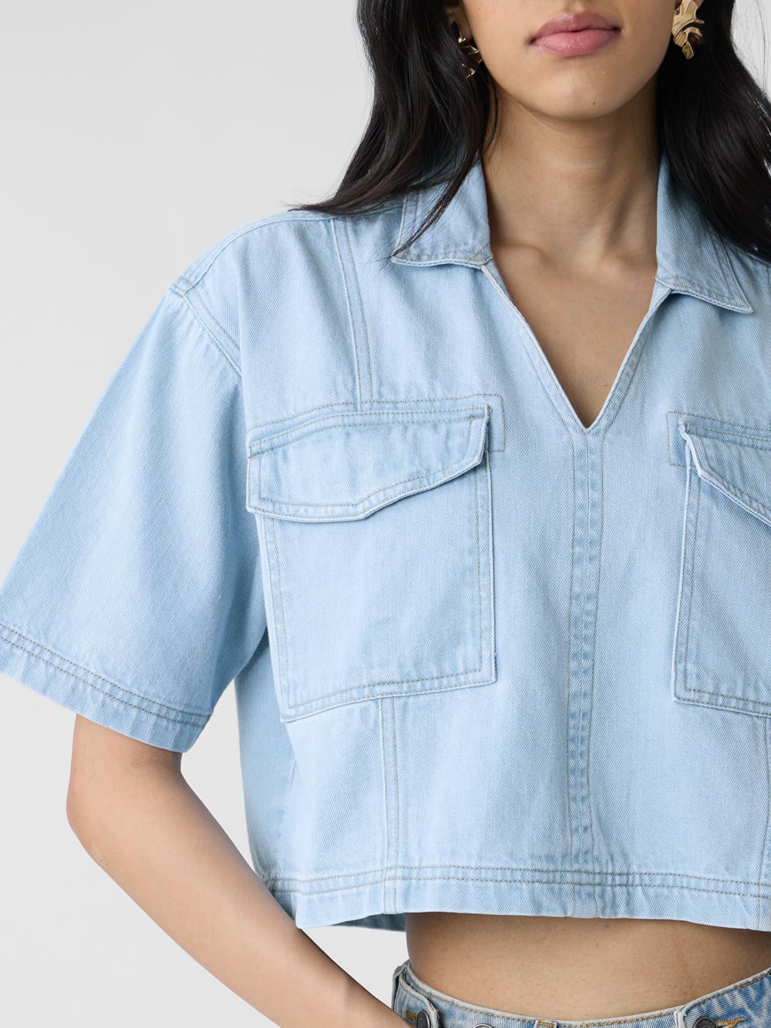 The Souled Store Denim Shirt: Mid Blue Women and Girls Short Sleeves Collared Neck Pull On Solid Cotton Oversized Cropped Shirts