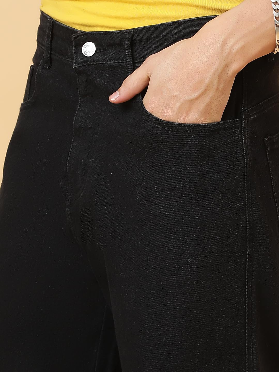 KOTTY Men's Solid Mid Rise Straight Fit Stylish Looking Cargo Jeans(Black,32)