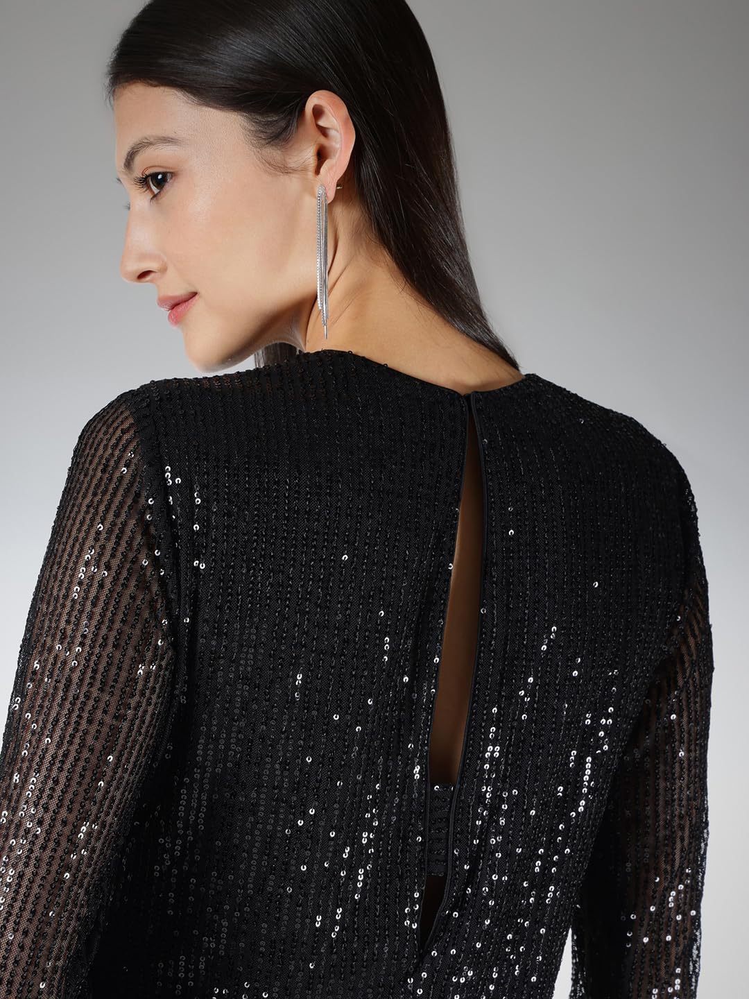 FableStreet Women Party Dress | Slim Fit A-Line Above Knee Length | Sequined Fabric, Round Neck, Full Sleeves with Slits | Perfect for Evening & Cocktail Occasions | Black