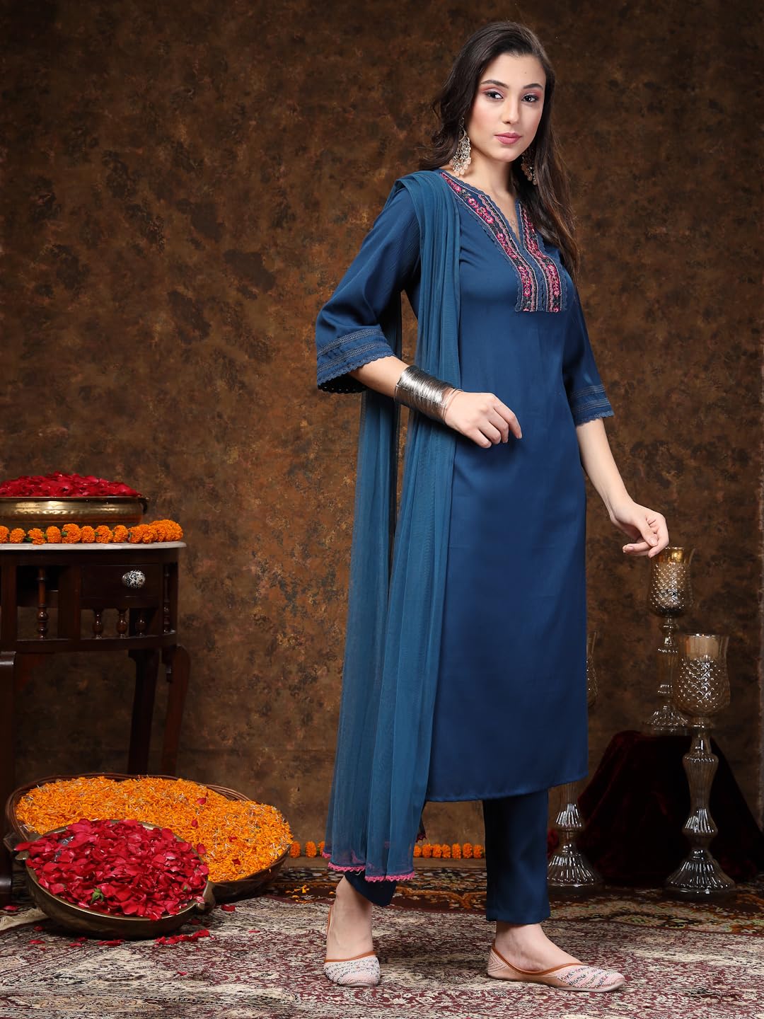 Stylum Women's Teal Solid & Embroidered Italian Crush Straight Kurta Pant Dupatta Set
