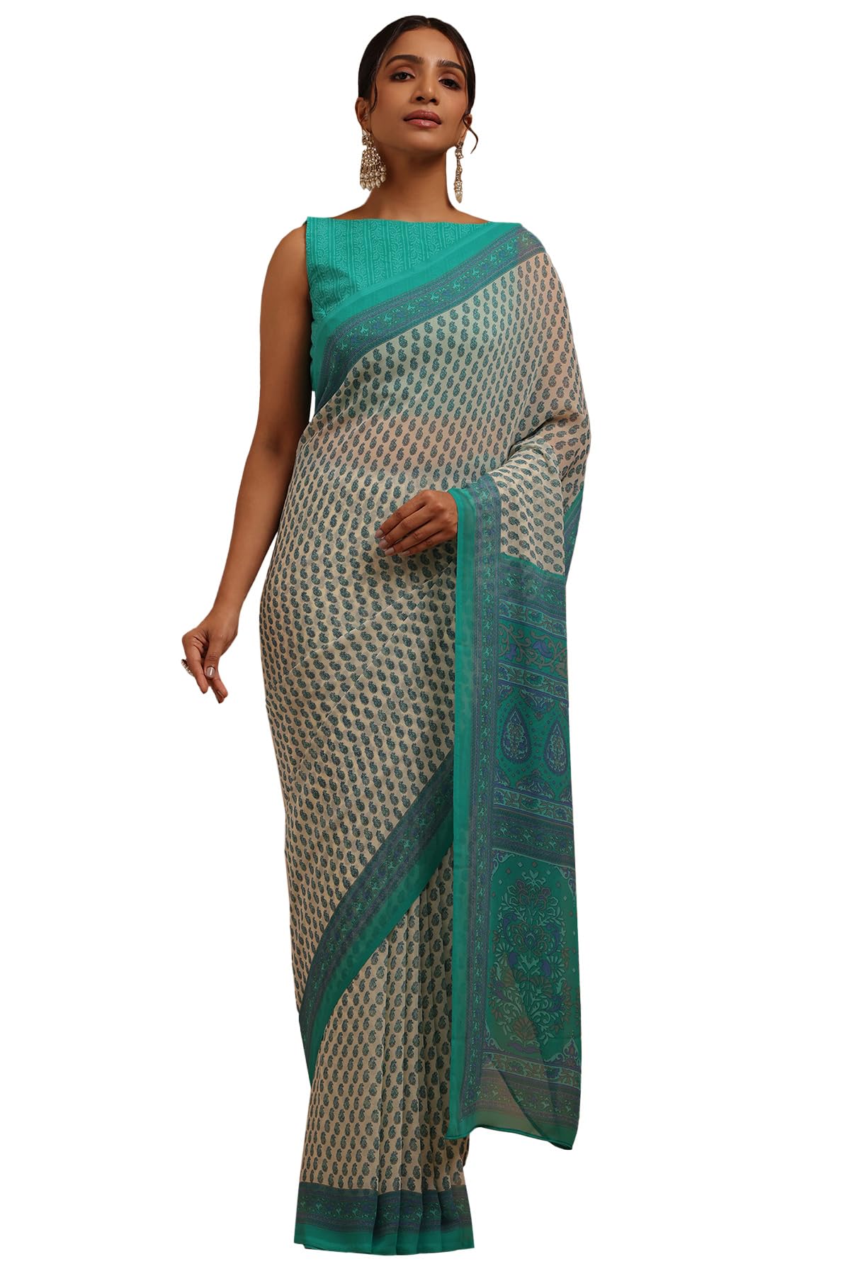 Soch Womens Teal Georgette Floral Print Saree