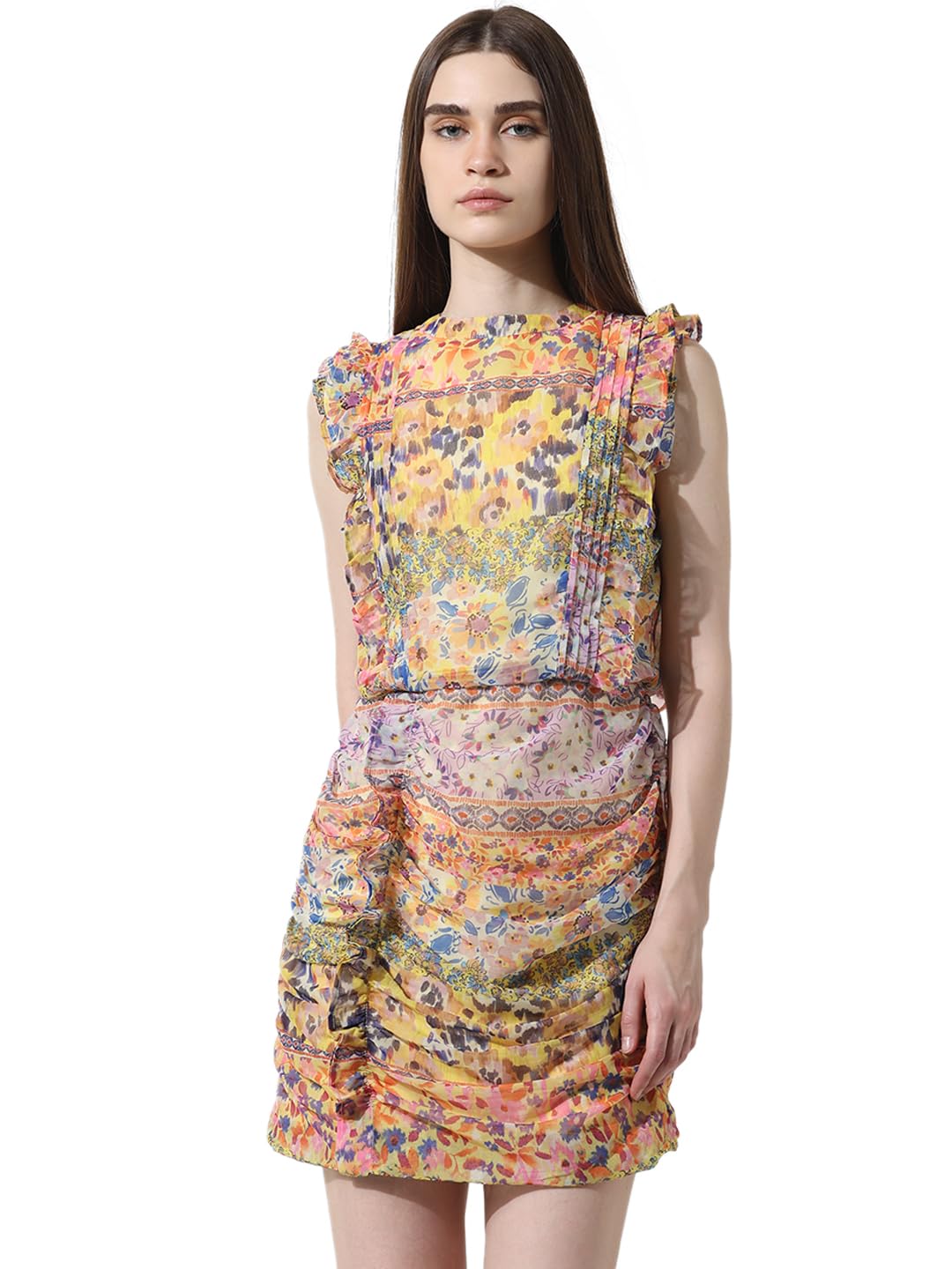 ONLY Women Printed Polyester Yellow Bodycon Dress