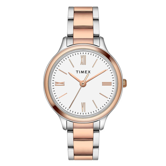 TIMEX Analog Watch for Women with White Round Dial & Two Tone Stainless Steel Bracelet Band Water Resistant Women's Wrist Watches - TWTL121SMU03