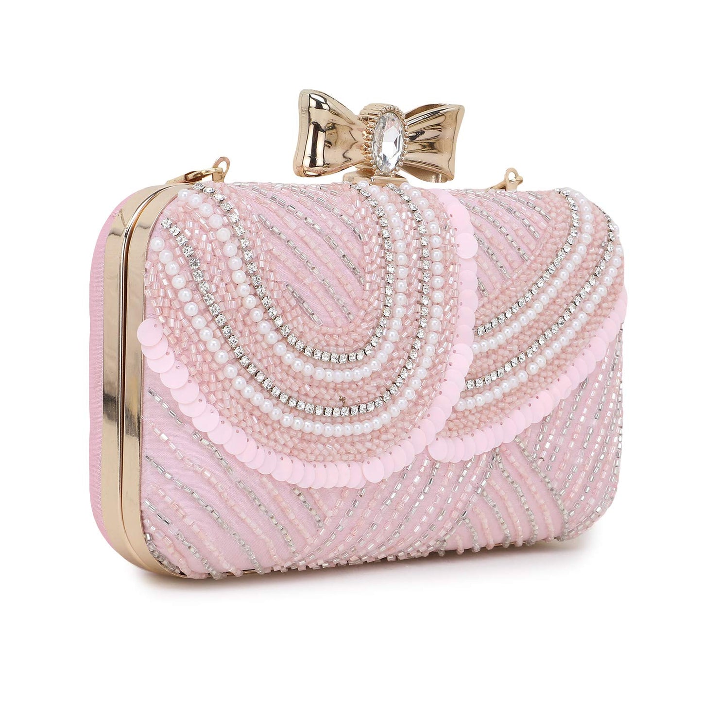 Anekaant Adorn Baby Pink & White Embellished Faux Silk Clutch