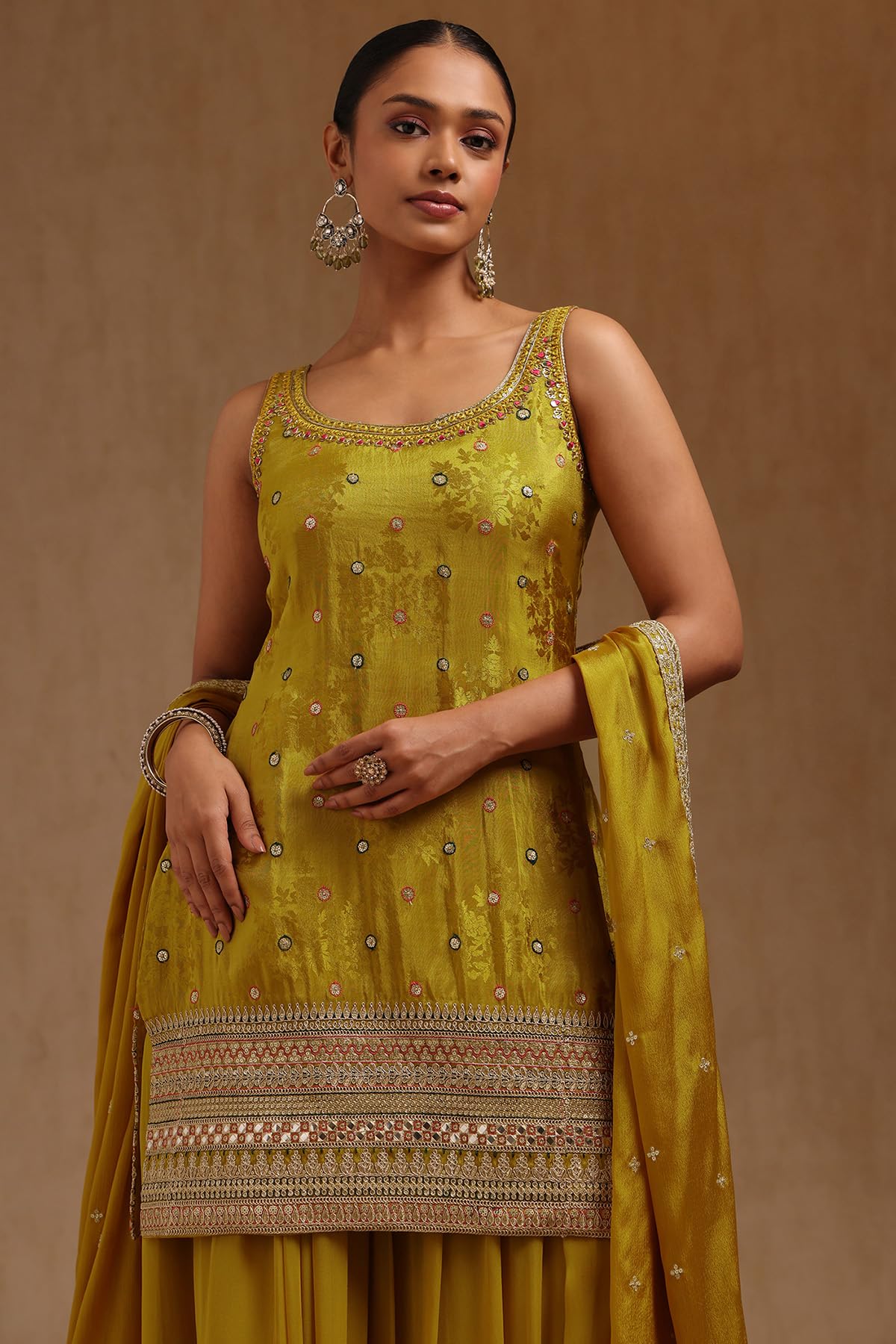 Soch Womens Mustard Tissue Embroidered Salwar Suit With Mirror Work