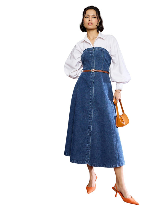 SASSAFRAS Women's Denim Tube Dress Below Knee SFDRSS12677