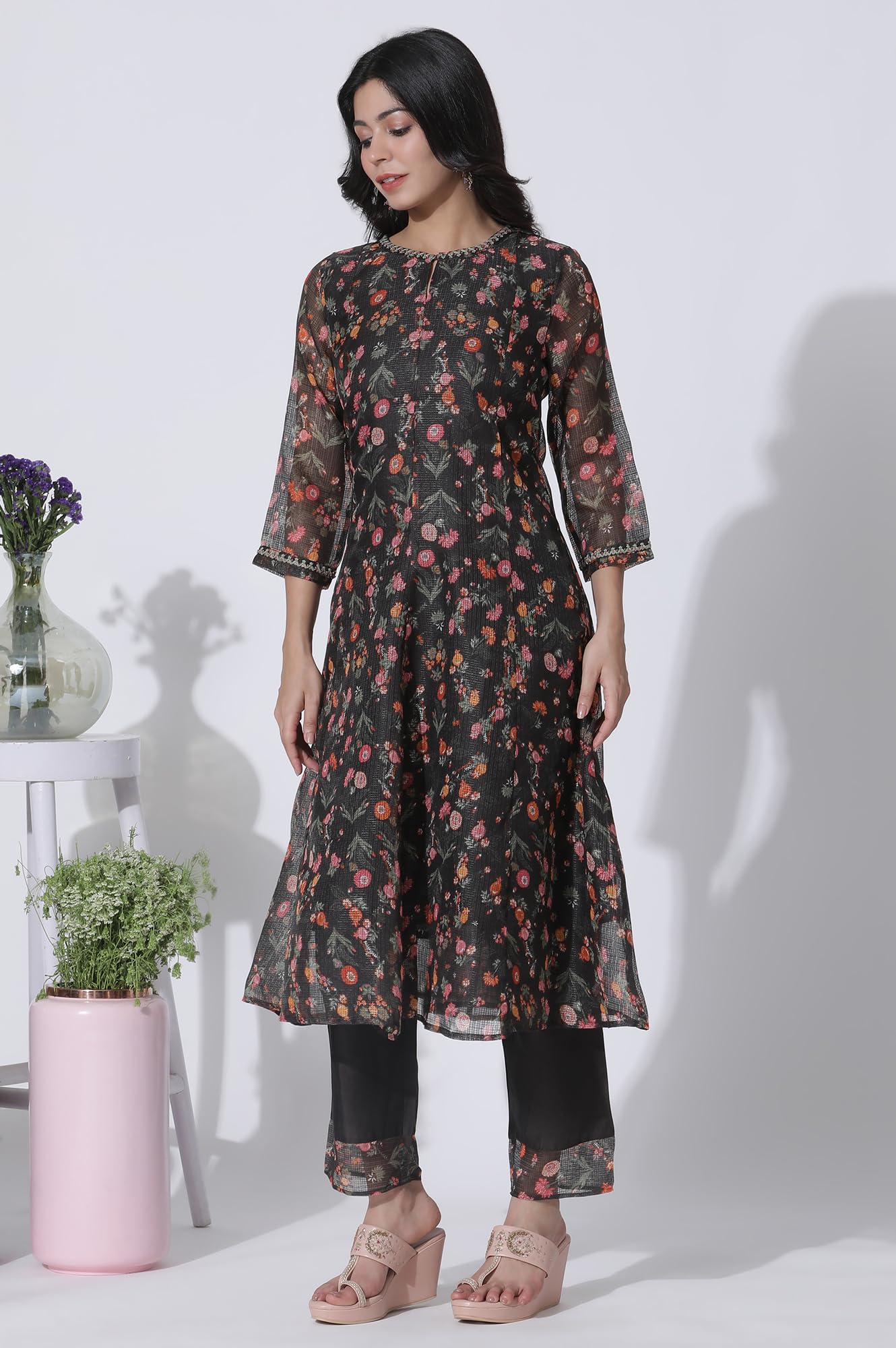 W for Woman Dark Brown Panelled Printed Kota Kurta, Pants and Dupatta Set_24FEWS11022-123350_M