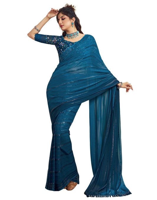 SIRIL Women's Georgette Solid Saree With Unstitched Blouse (3473S694_Blue)