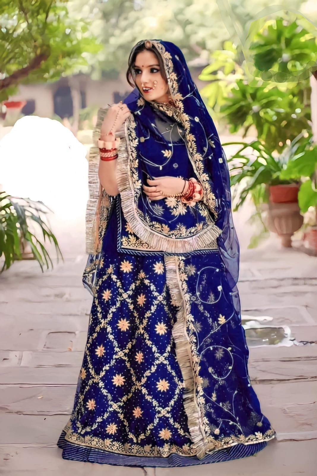 SHYAMLATA Fancy Heavy Embroidery Work Shimmer Silk Semi-stitched Rajputi Poshak For Women Rajasthani Lehenga Choli With Dupatta (Blue E)