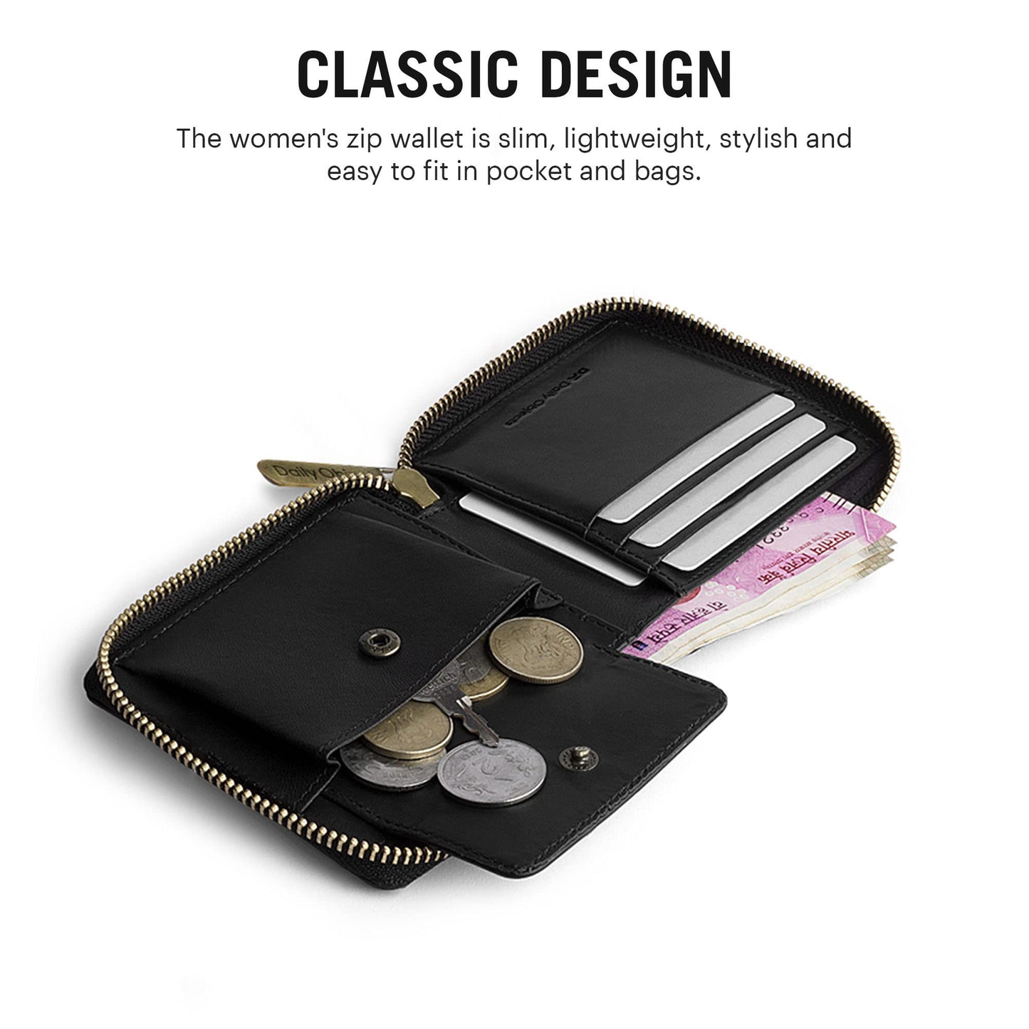 DailyObjects Black Women's Zip Wallet | Made with Vegan Leather Material | Carefully Handcrafted | Holds up to 8 Cards | Slim and Easy to Fit in Pocket | Coin Pocket with Button Closure