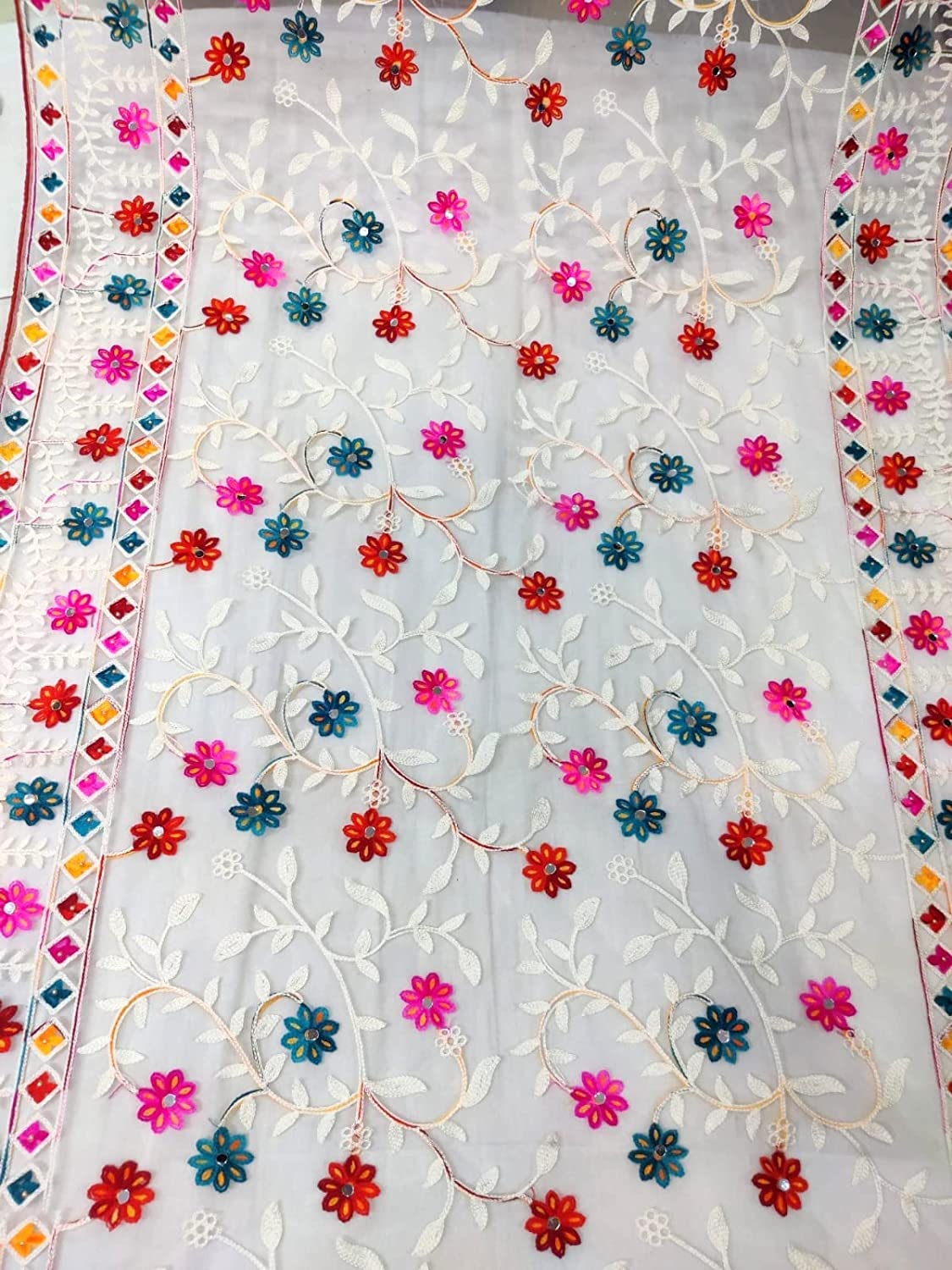 Shasmi Women's Heavy White Colour Net Embroidered Fancy phulkari work Dupatta for women (White)
