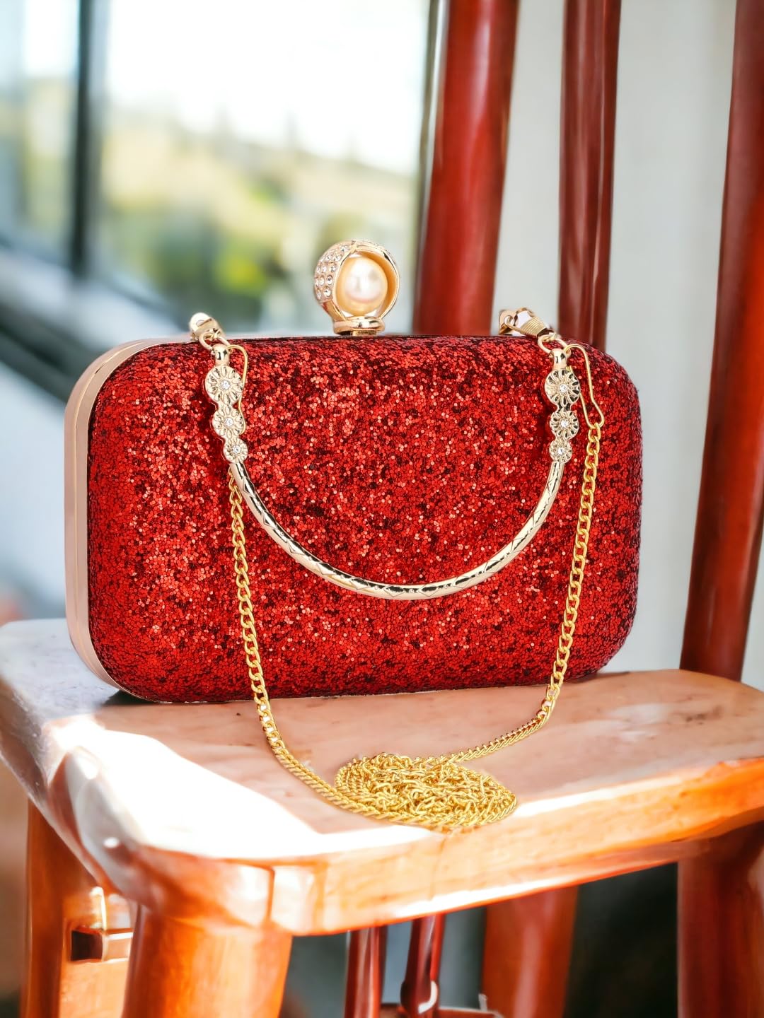 TOOBA Women's Handcrafted Beautiful Bling Box Clutch Bag (Red Pearl)