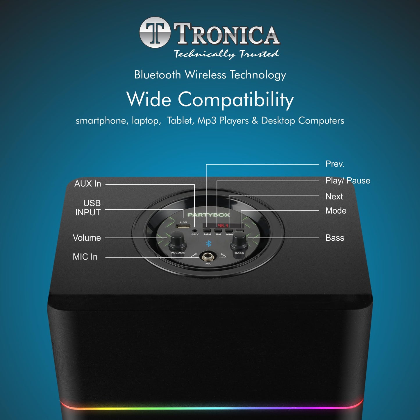 Tronica Boom Box Powerful 90W RMS Bluetooth Party Box Speaker Home Theater with High Powerfull Bass with Two Free mics (one Wireless & one Wired) USB,FM,Aux,Smart TV Support & Vivid Lights