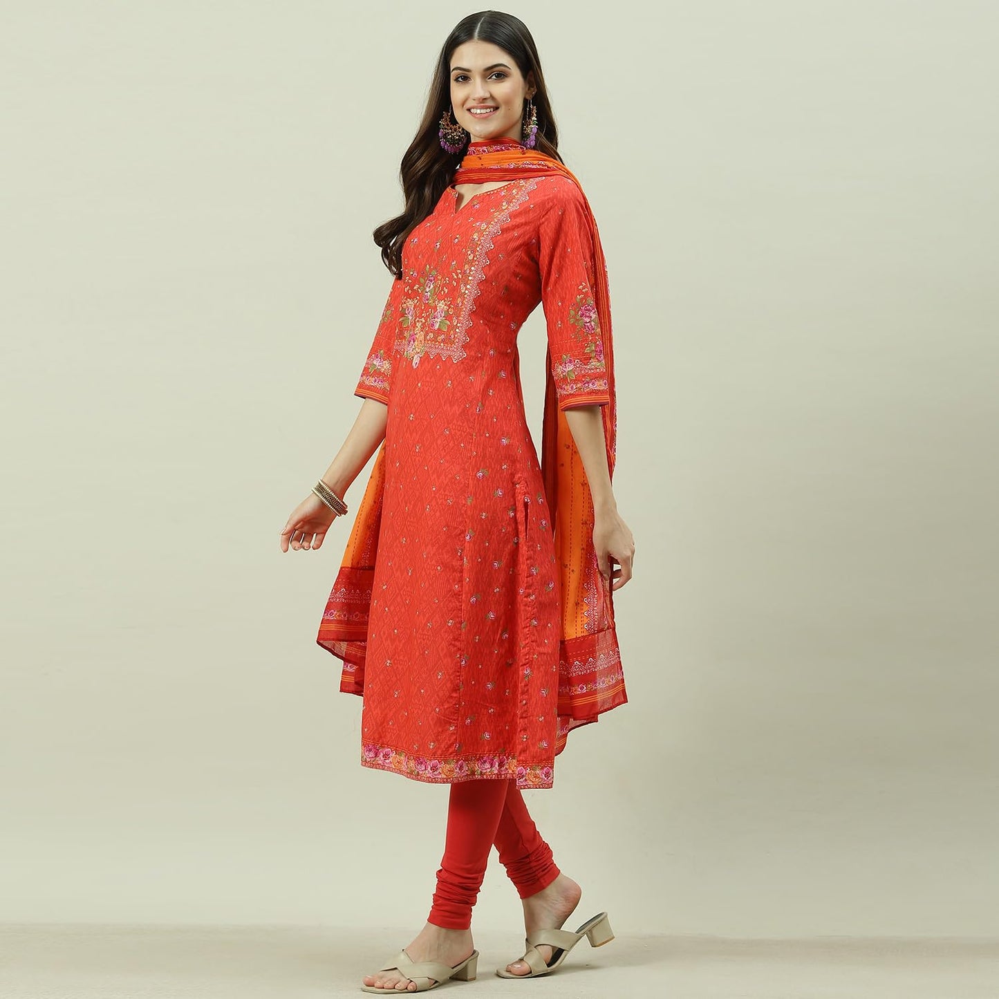 BIBA WOMEN PRINTED NARROW SALWAR KURTA DUPATTA(SKDSKD7485E_RED_34)