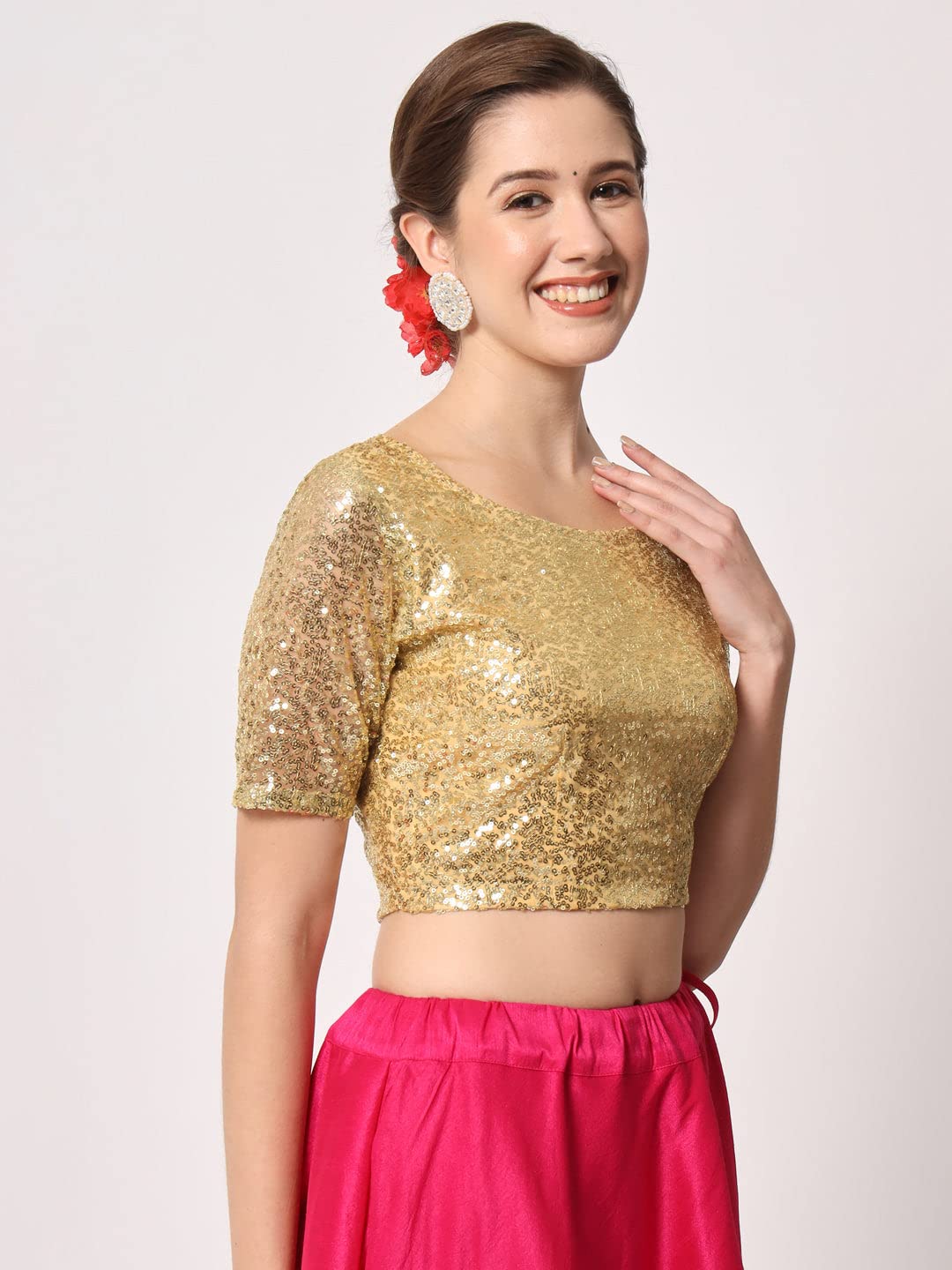 studio rasa Polyester Women's Net Sequin Embroidered Sheer Sleeves Blouse for Wedding Festive Party (Tpwc12302S_Bl_Gold_Small)