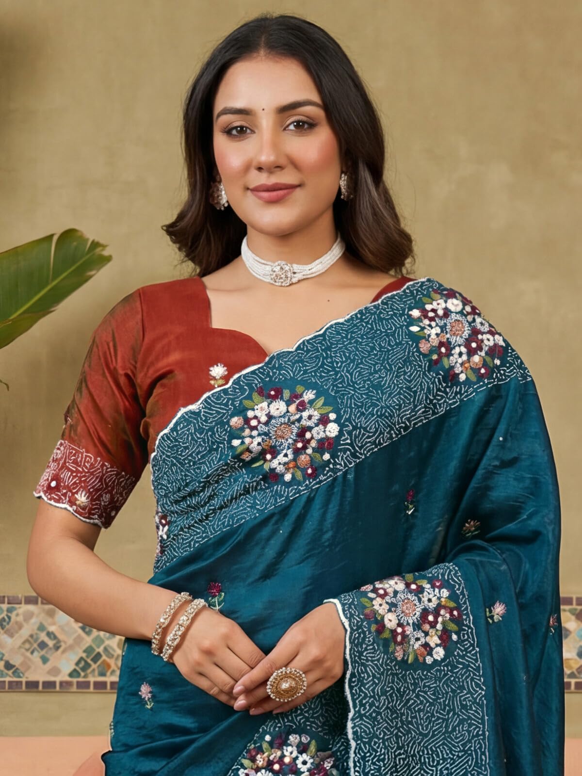 SIRIL Women's Crush Tissue Scalloped Border Embroidery Saree with Unstitched Blouse Piece (4978S231A_Teal Blue)